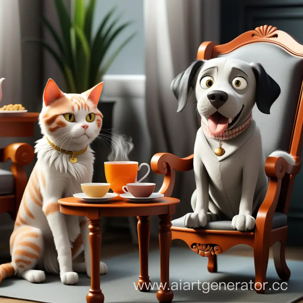 Собака и кот сидят на стуле и пьют чай со вкусом корма для домашних животных