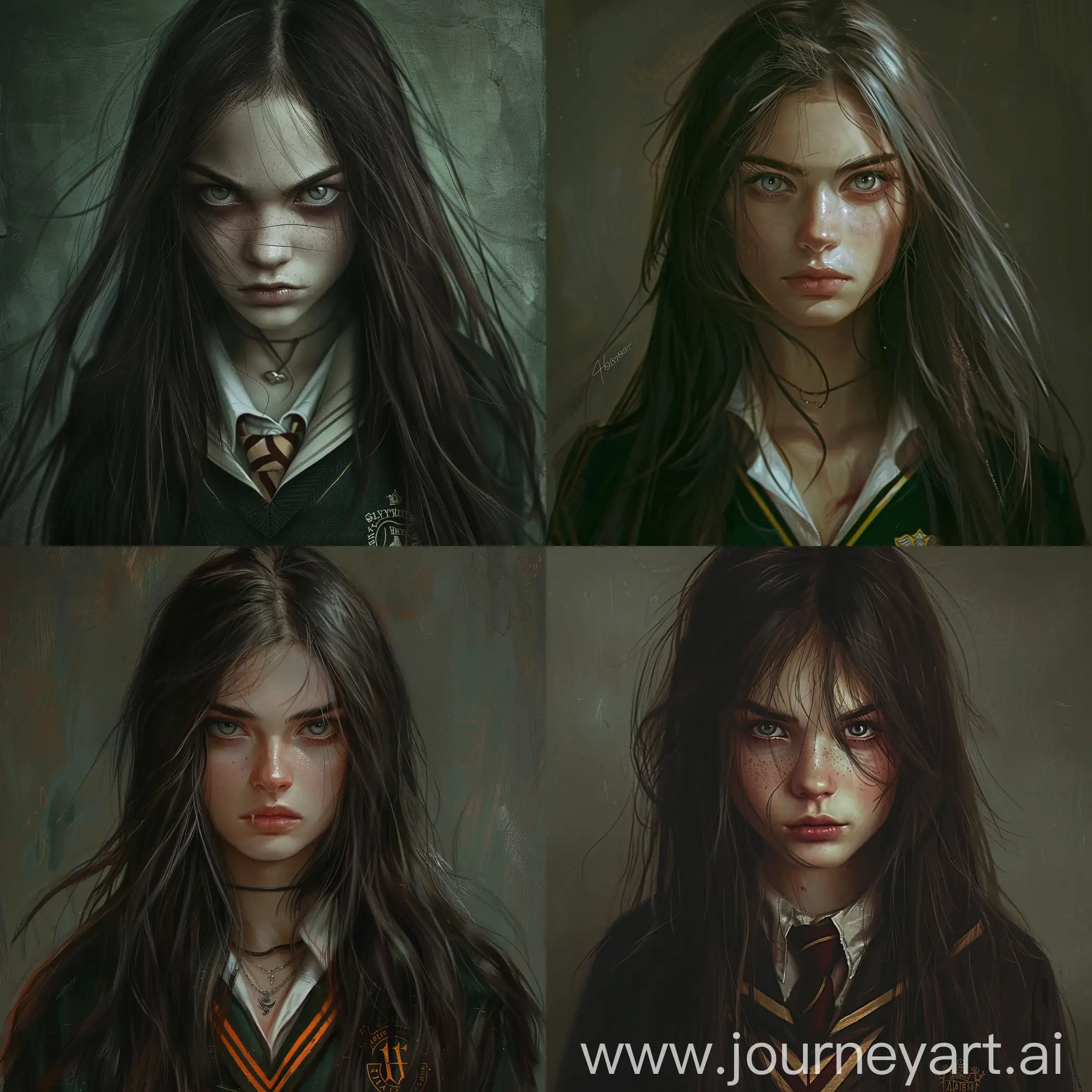 portrait of a moody eighteen-year-old girl with long messy straight dark brown hair in her face with pale skin and piercing gray eyes in a Hogwarts slytherin school uniform.