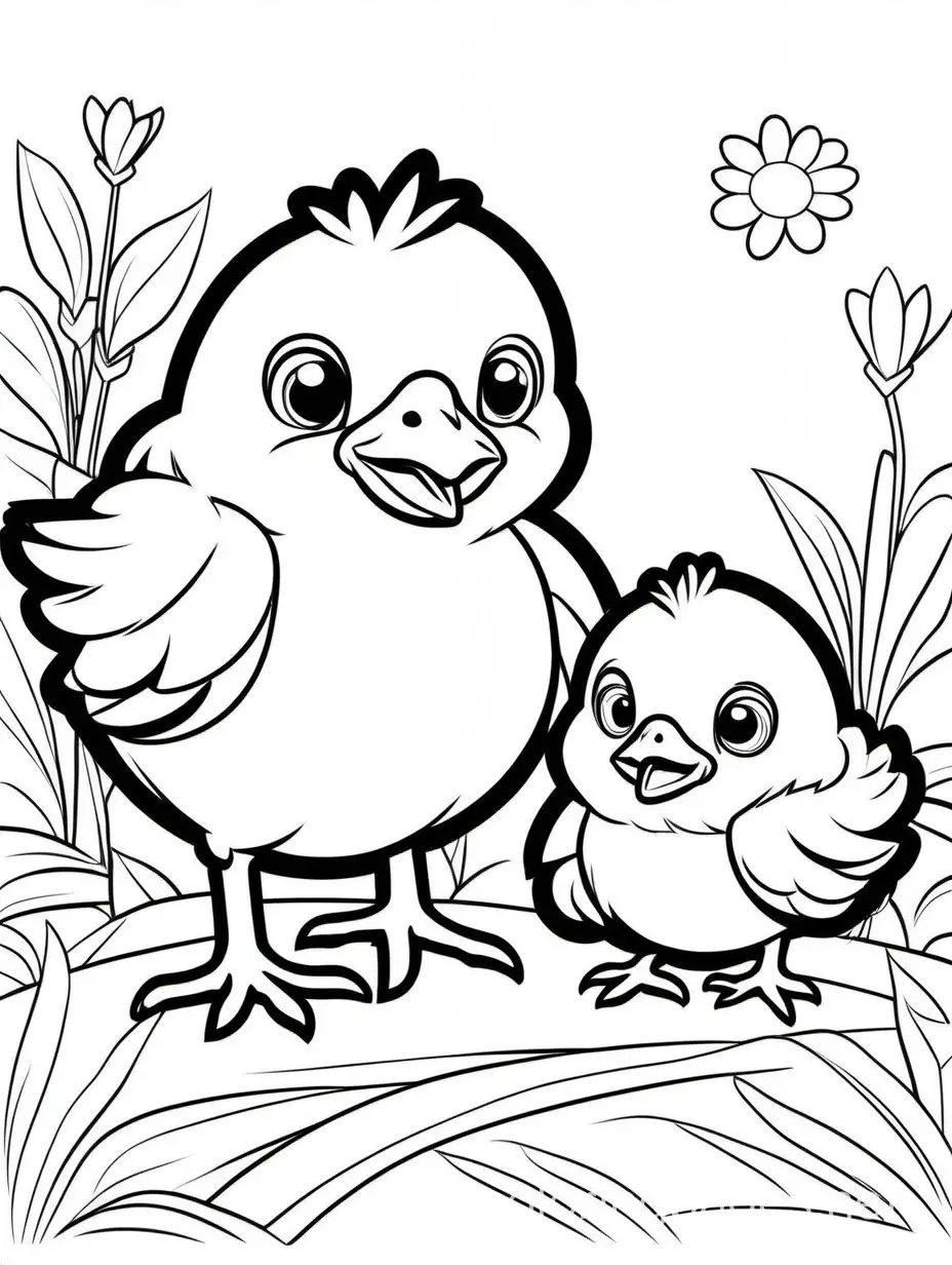 Adorable-Chick-and-Baby-Coloring-Page-for-Kids-EasytoColor-Black-and-White-Line-Art-on-White-Background