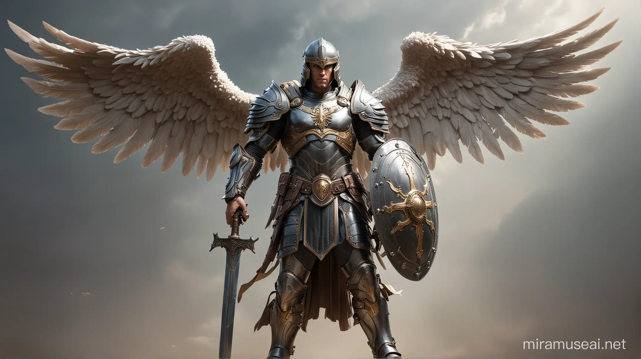 Archangel Michael wearing A full body armor, with helmet, sword and shield. Ready for final battle.