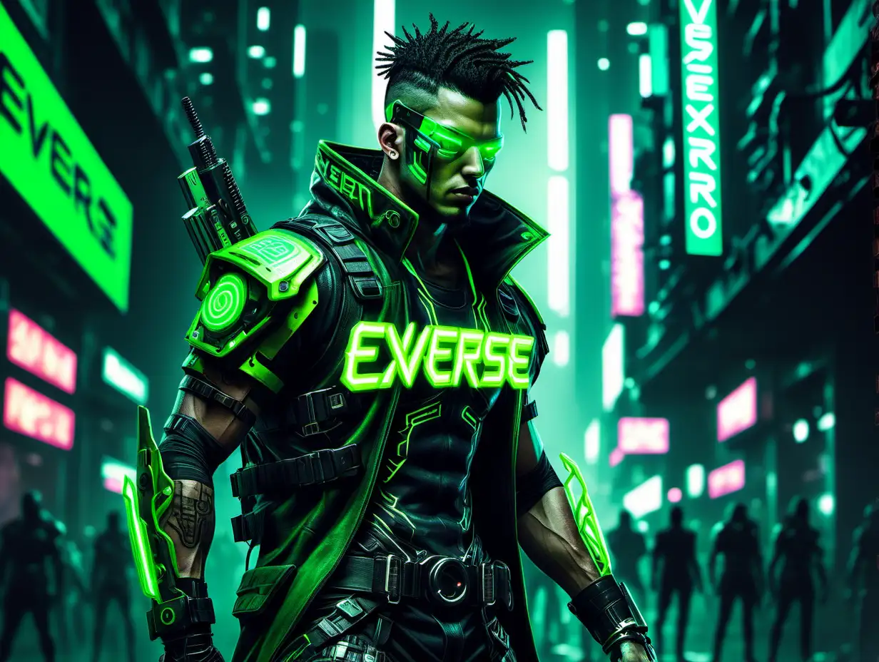 neon green cyberpunk male warrior with EXVERSE branding in cyberpunk city
