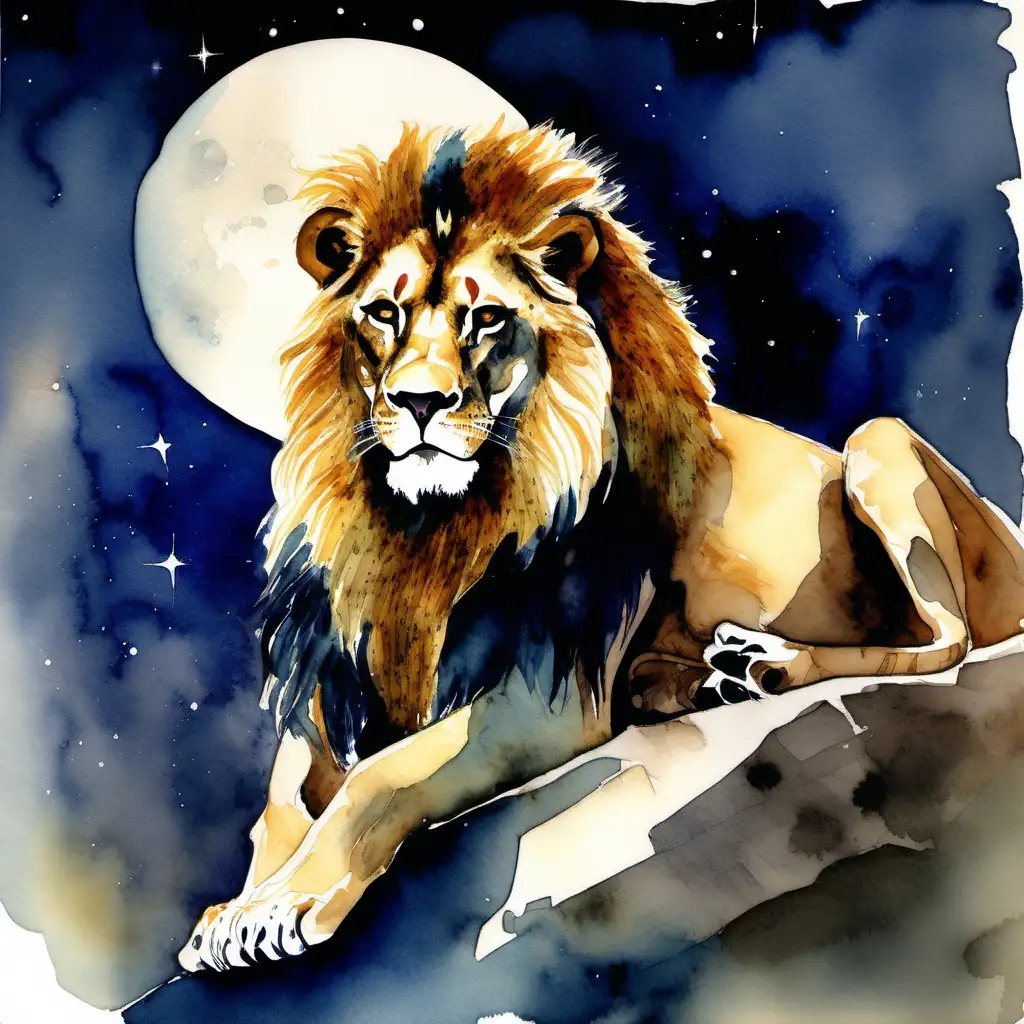 a lion on a rock, rugged with a golden age of glamour, glistening in the moonlight, watercolor 