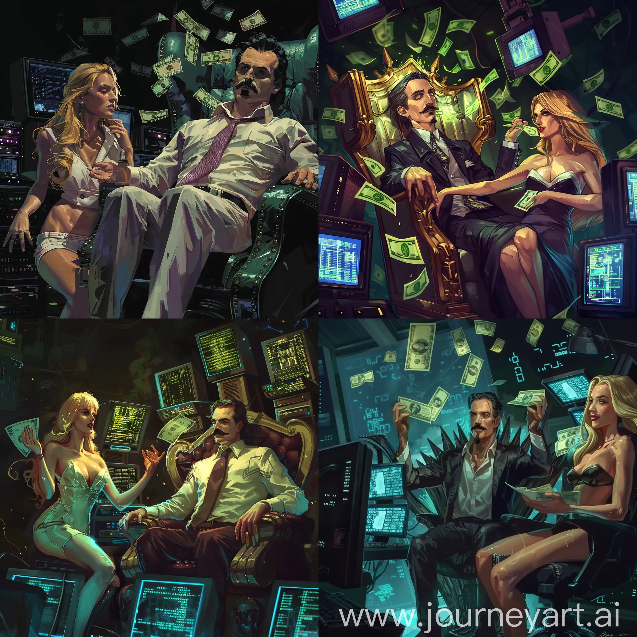 Nikola Tesla became an IT specialist. He sits on a throne among computers and throws money around. The computers show the program code. There is a gorgeous blonde girl standing next to me. Dark background. In a painted style