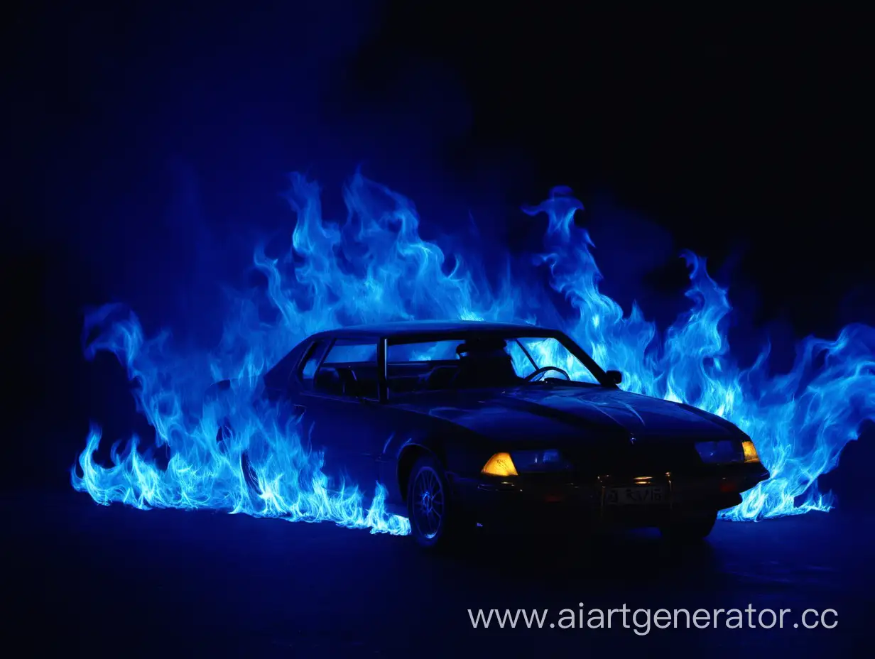 машина выезжает из синего пламени из темноты
