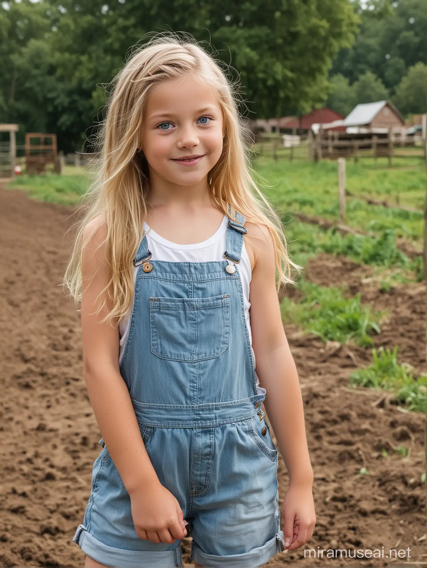 12 years old sweet cute adorable innocent blue eyes extremely cute long straight wavy blonde hair wearing overall shorts playing on the farm