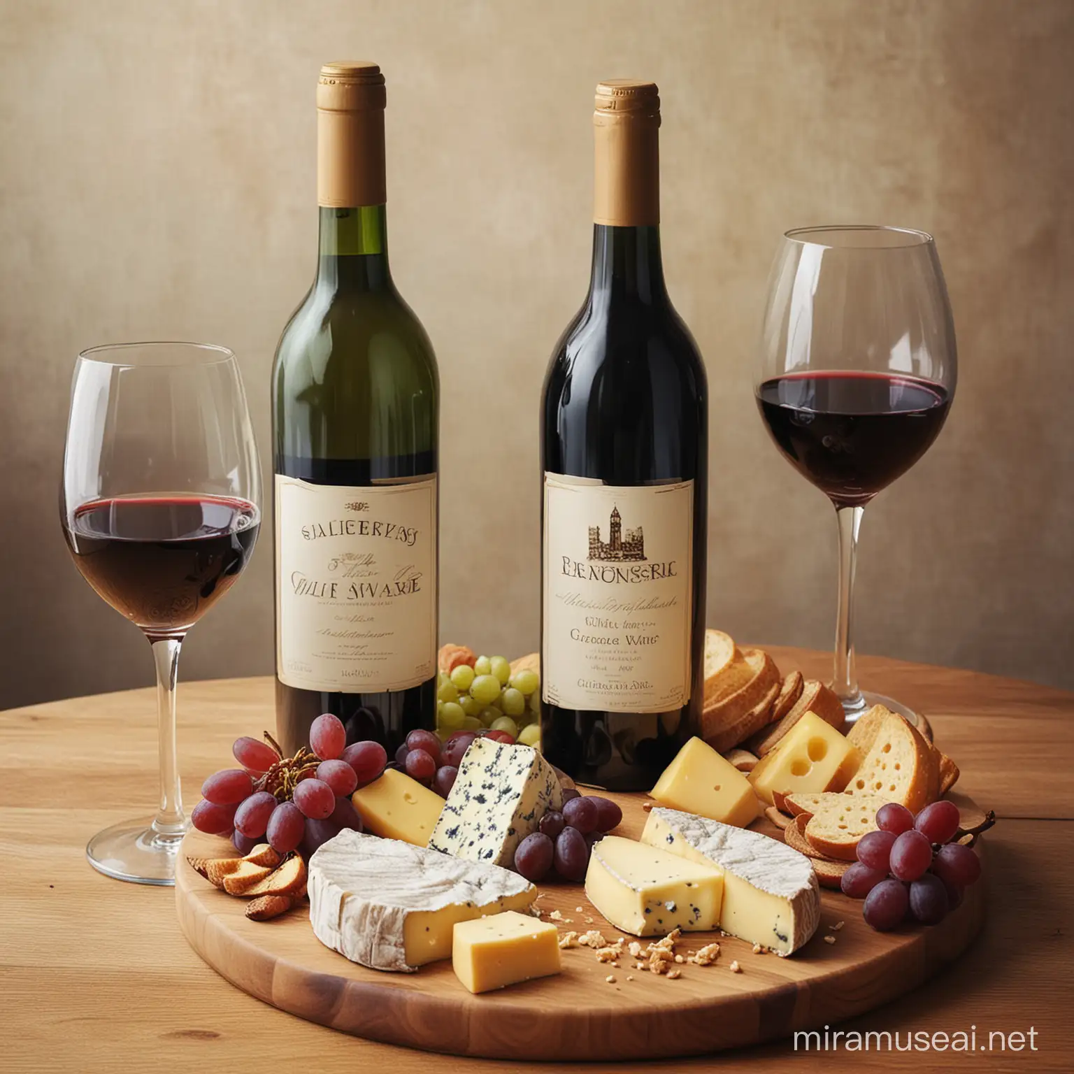 A cheese platter, a bottle of wine and two glasses, nothing else