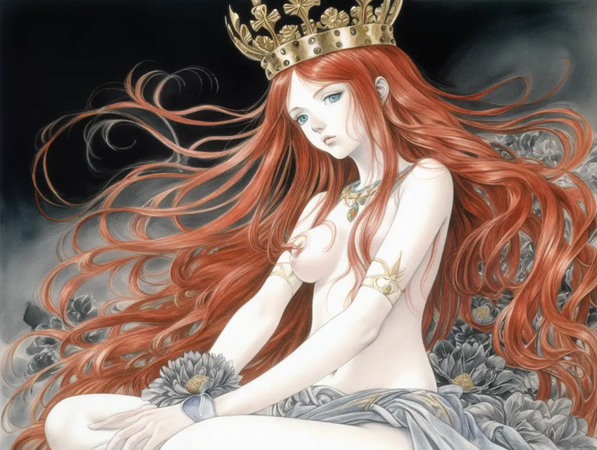 Enigmatic RedHaired Queen in Aerial Perspective with Gold Crown