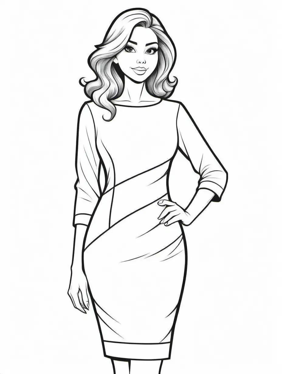 stylish sheath dress with sleeves for a coloring book, cartoon style, thick black lines, plain white page background, 