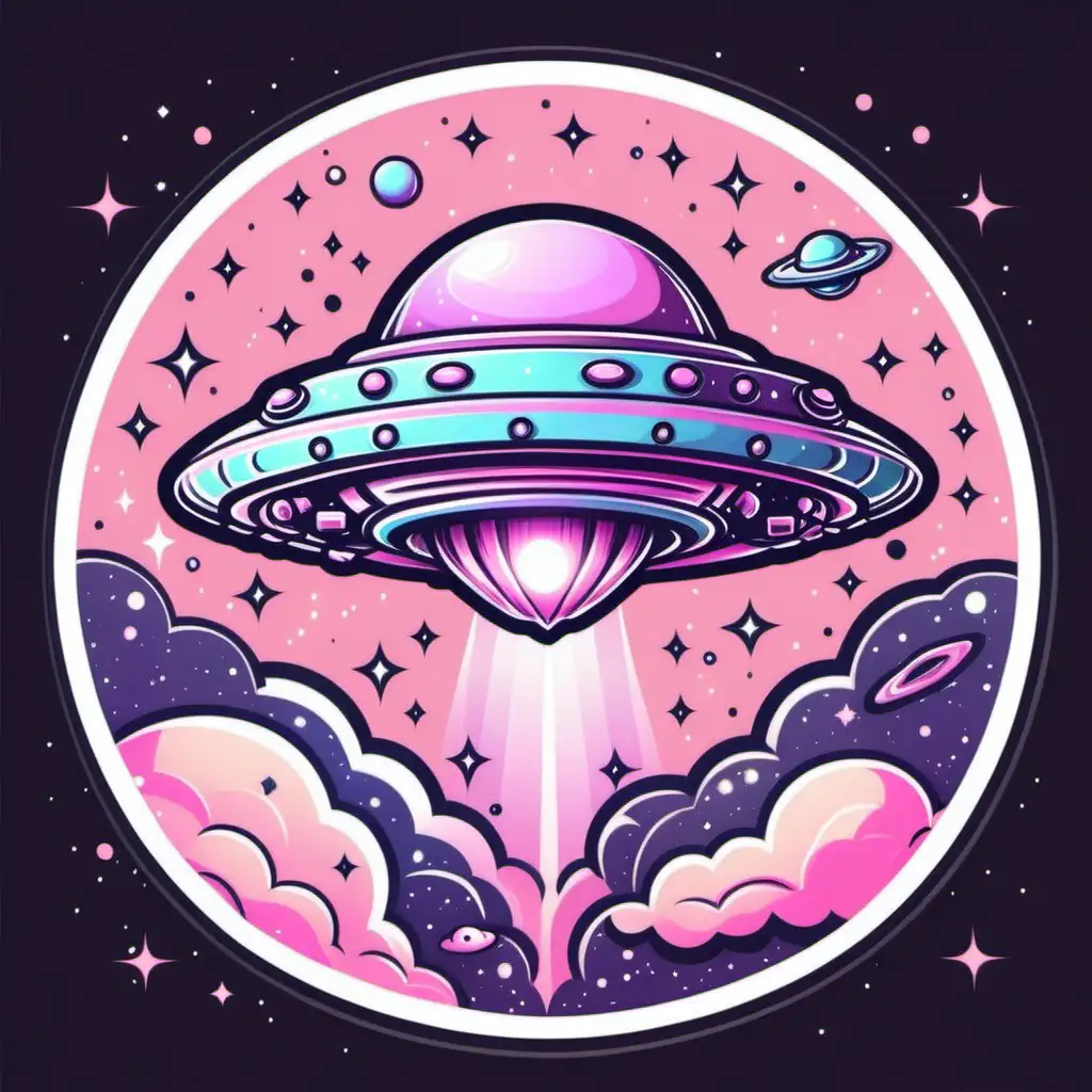 kawaii, chibi, pastel goth galaxy universe ufo sticker design in pastel pastel pink colors, vector illustration