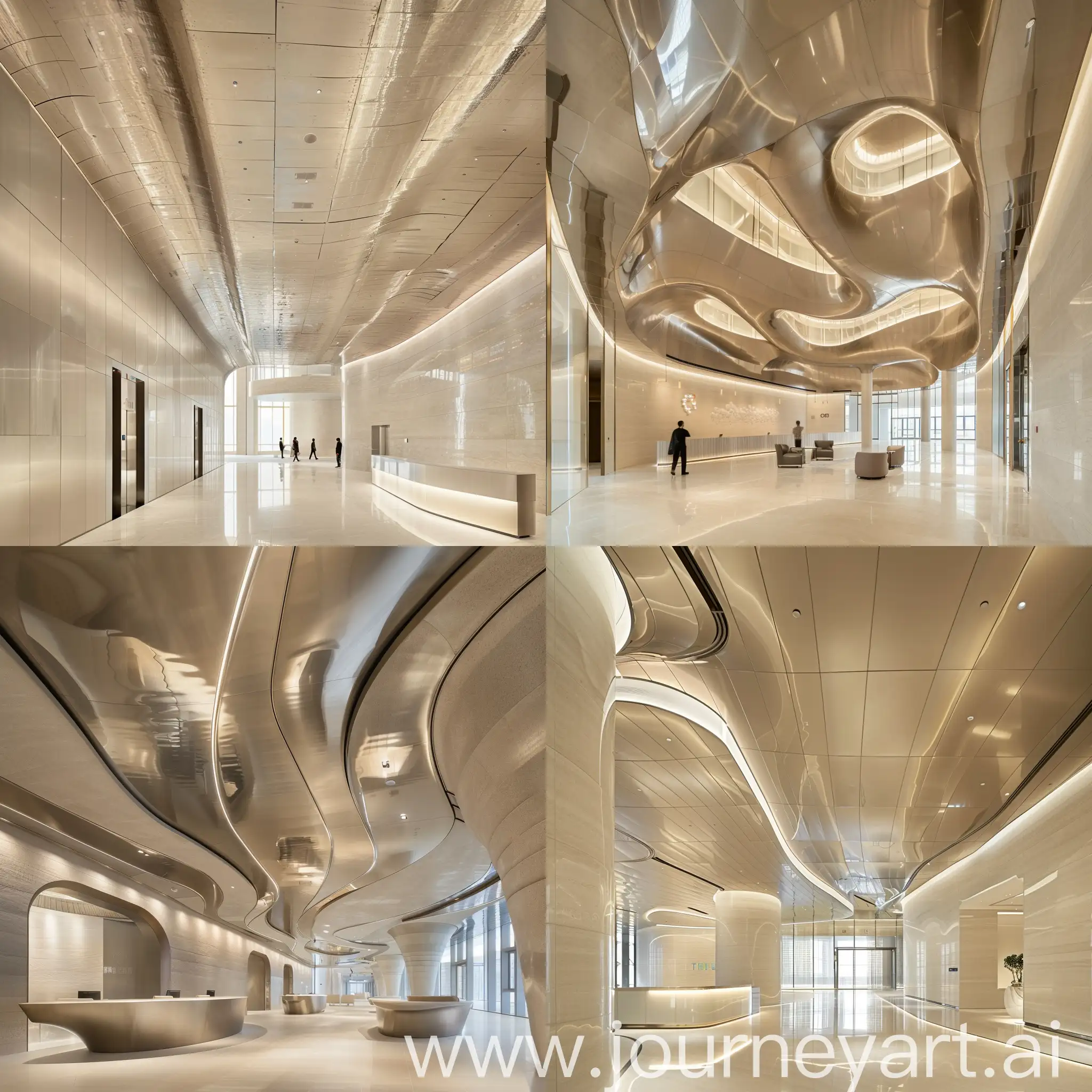 Futuristic-PostModern-Design-of-Tencent-Headquarters-Lobby-with-Oxidized-Aluminum-and-Light-Beige-Limestone