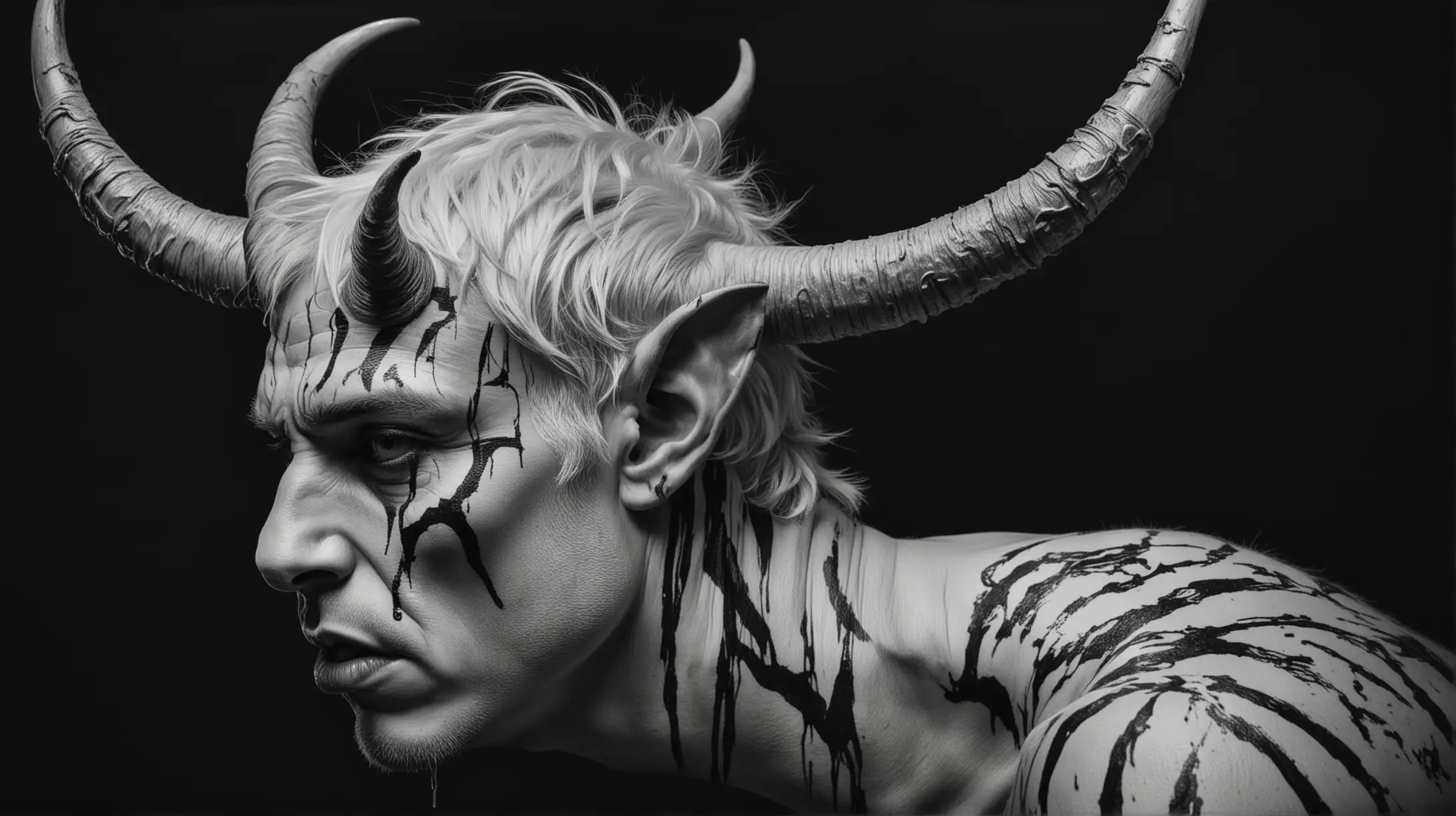 devilish, handsome, crazy, insane, maniac, young, dark figure, sad white men with horns, distorted, paint organic markings, black and white, side profile, black background, 