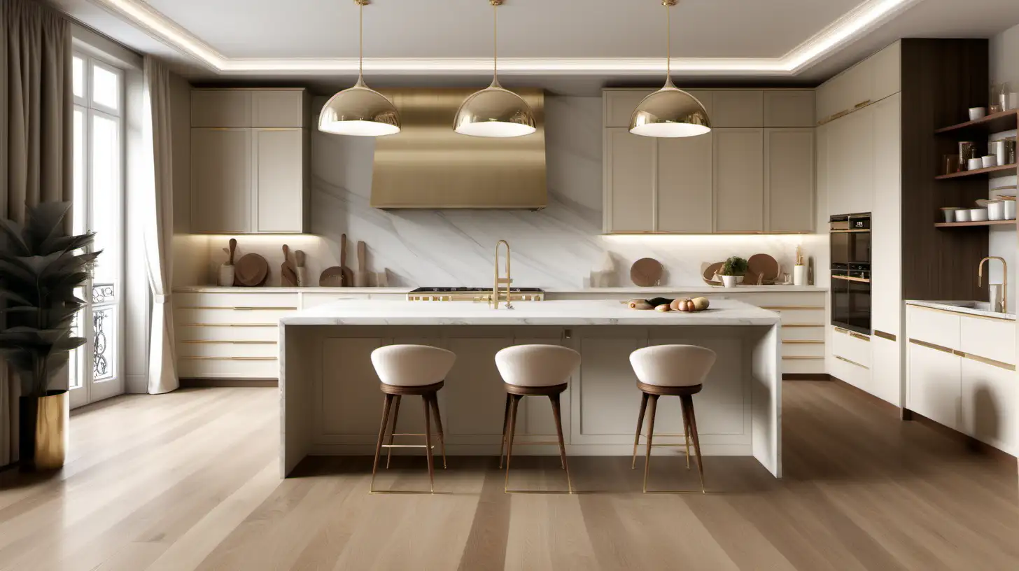 hyperrealistic modern parisian kitchen in beige, white, walnut wood, light oak flooring, brass