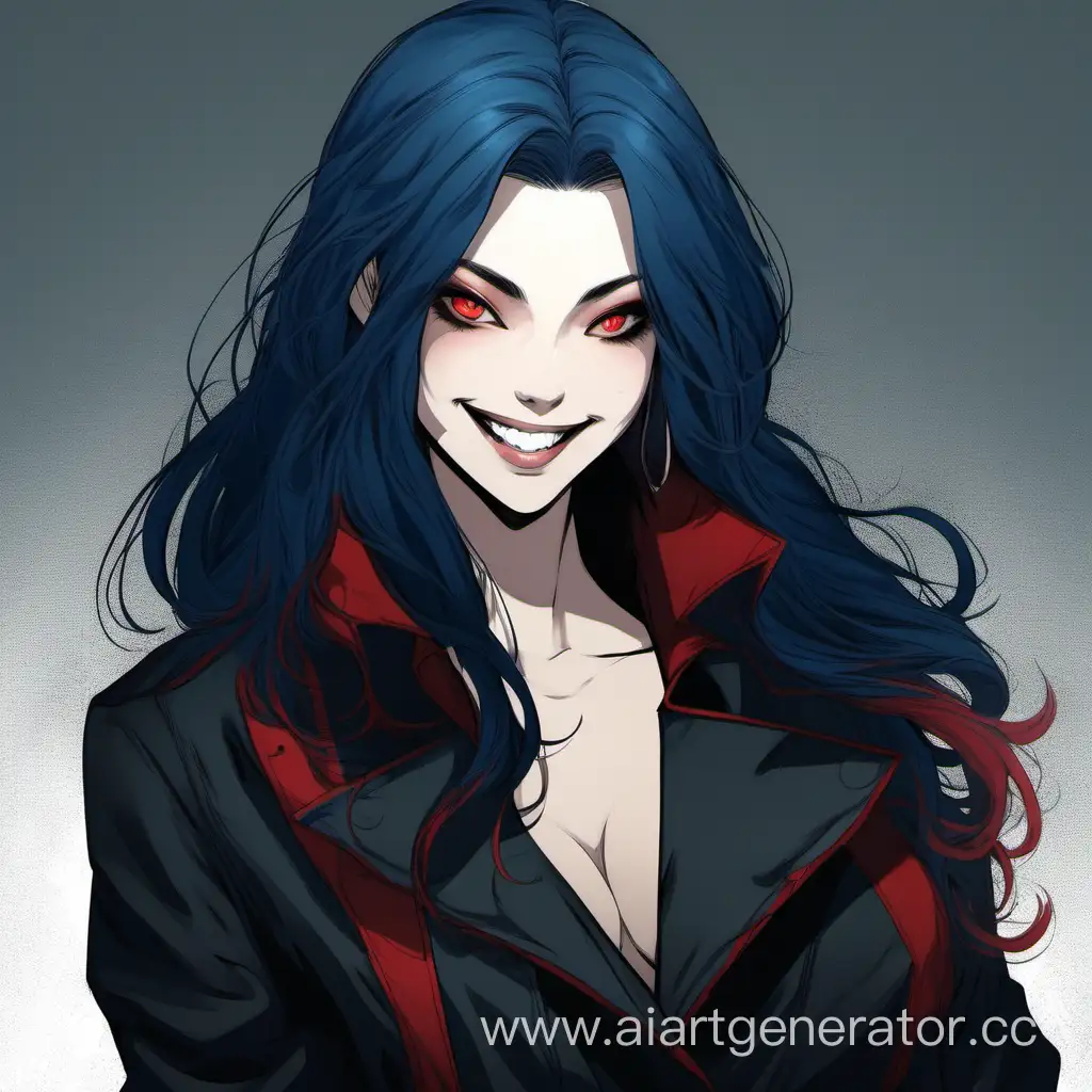 Woman with blue long hair and red eyes grinning mischieously, wearing a black coat