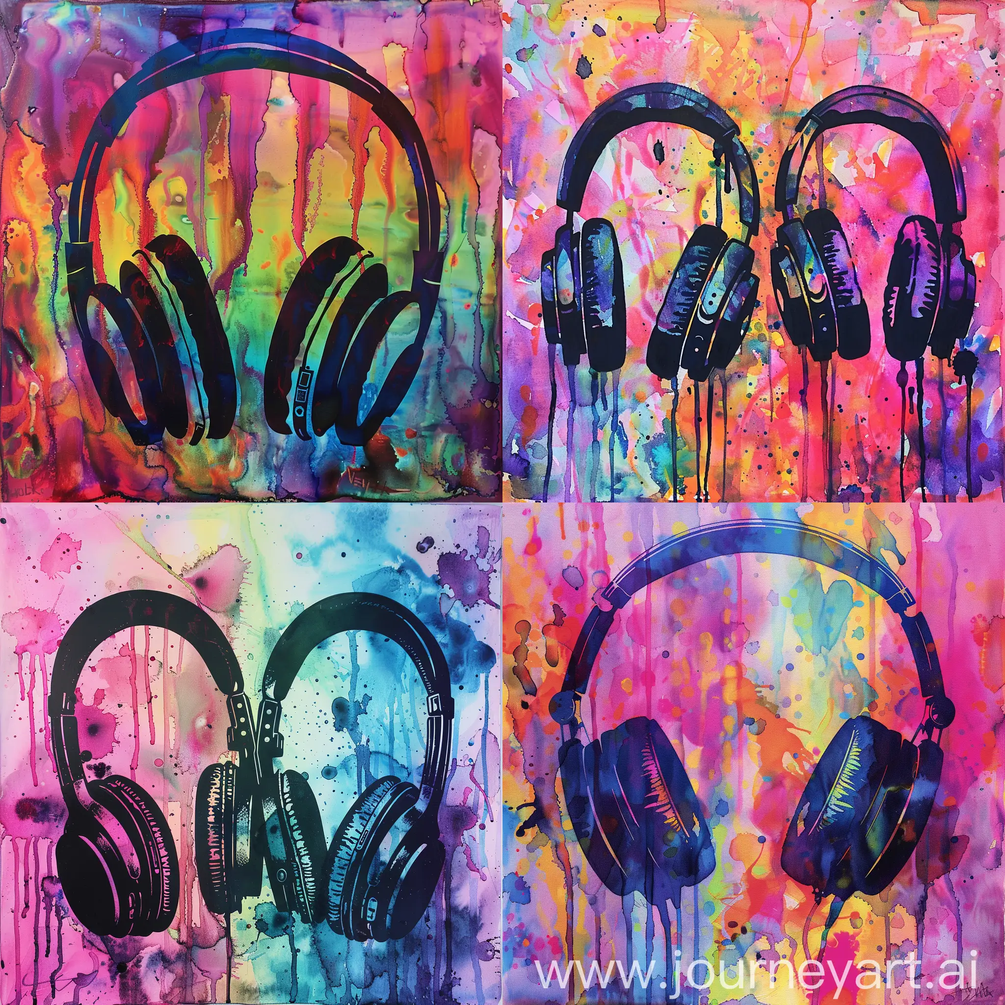 Psychedelic-Watercolor-Painting-of-Three-Headphone-Silhouettes