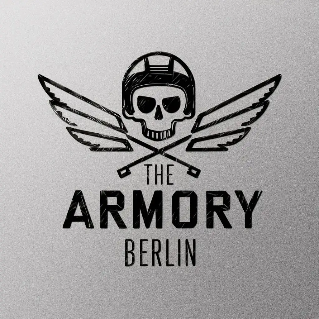 logo, skull with Motorcycle Helmet with wings and crossed motorcyle pistons in a stickman style like drawn by a child, with the text "The Armory Berlin", typography, be used in Retail industry