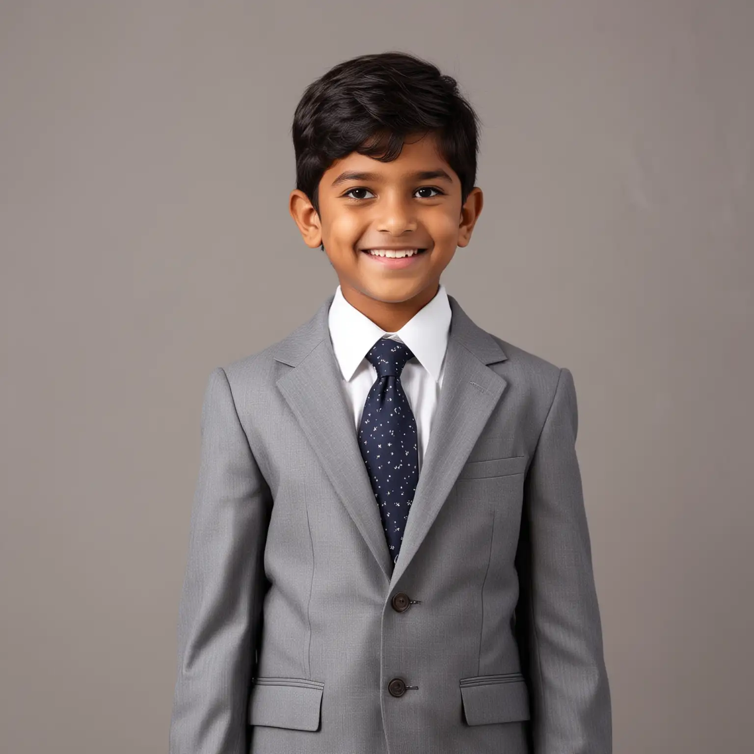 male indian child dressed as a businessman with happy look on face

