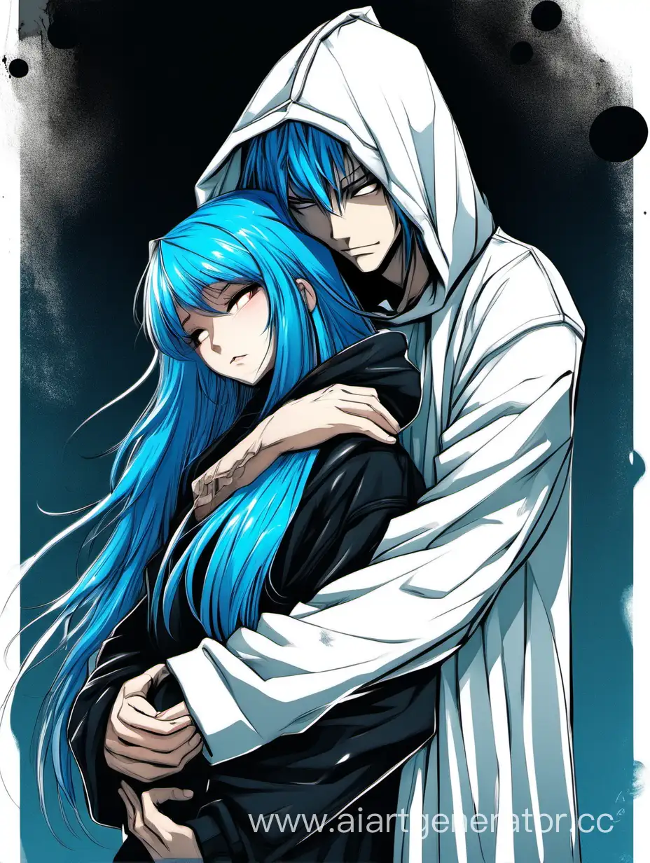 A guy in a black hoodie and hood hugs a tall girl with long blue hair, the girl is wearing a white robe