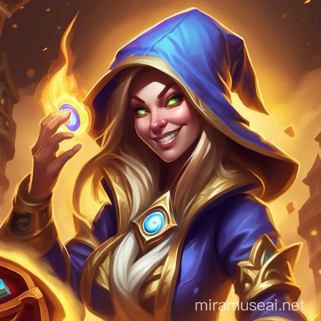 hearthstone card art style; mage with smirk expression; female