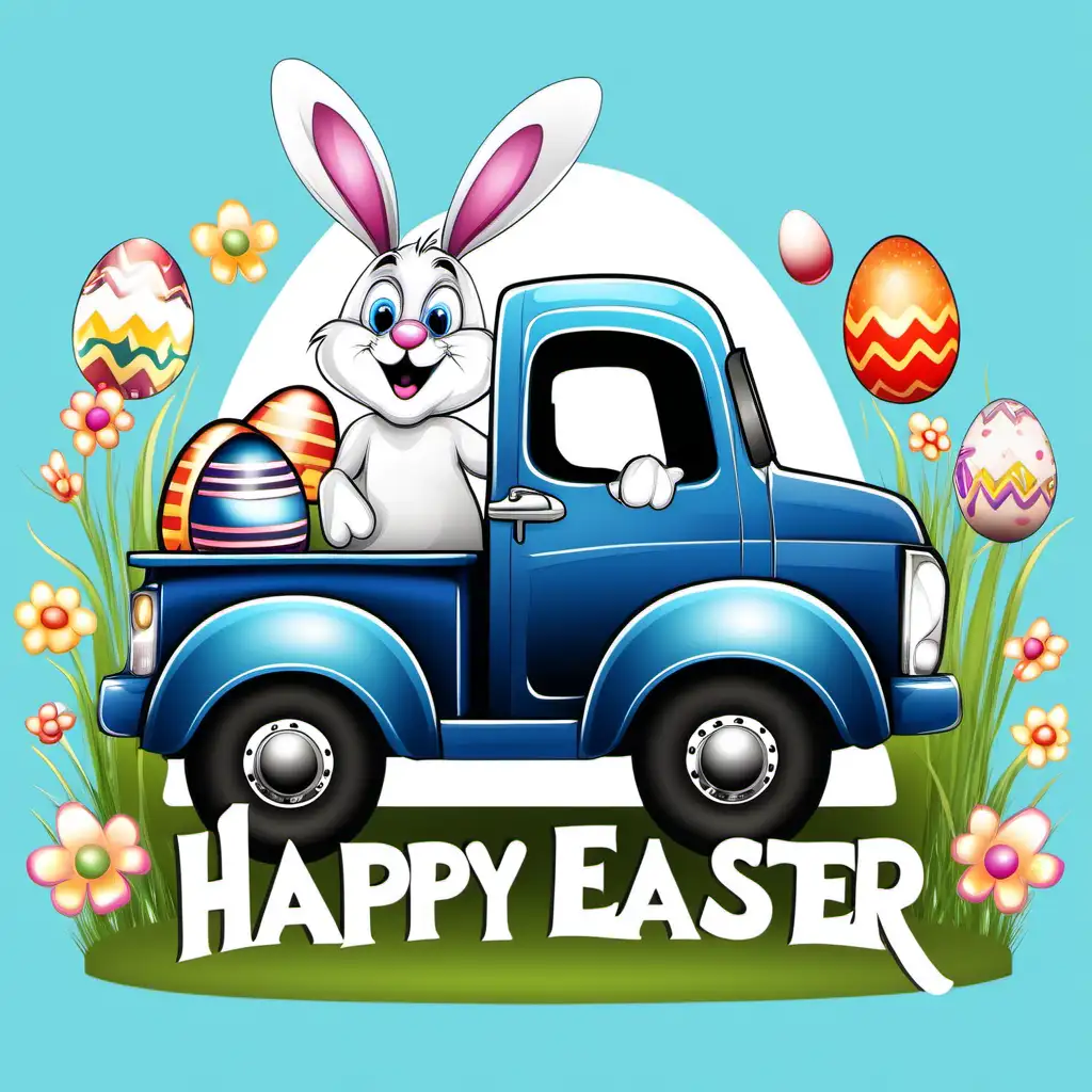 Joyful Easter Celebration with Arched Letters Easter Bunny and Blue Truck on a Transparent Background