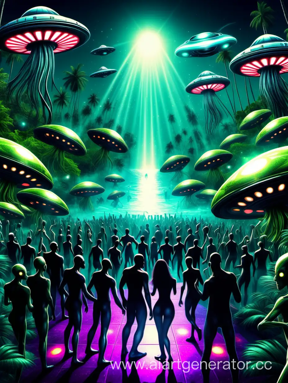 Futuristic-Beach-Rave-Humans-and-Aliens-Dancing-Under-Techno-UFO-Lights