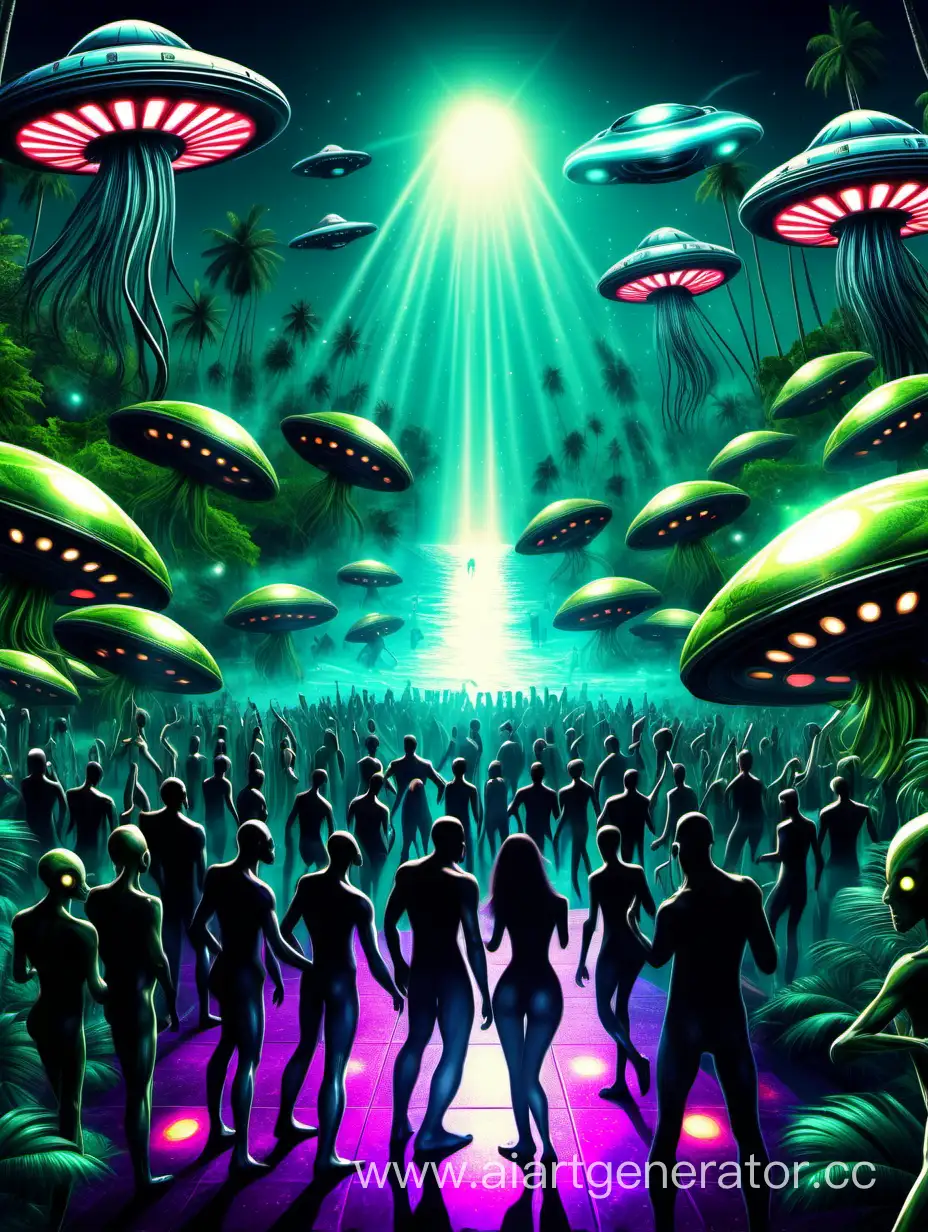 background for flyer, rave, sea, digital ai art, realistic , fx, effects, beach open air, party humans with aliens dance together on dance floor, jungle techno events, UFO 