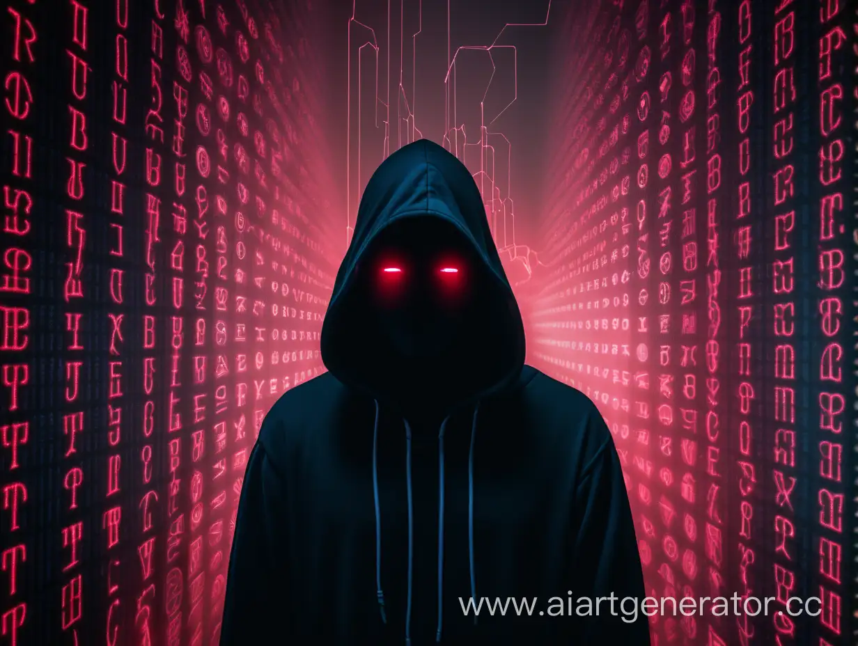 Mysterious-Figure-in-Black-Hood-with-Red-Laser-Eyes-in-Cryptocurrency-Matrix