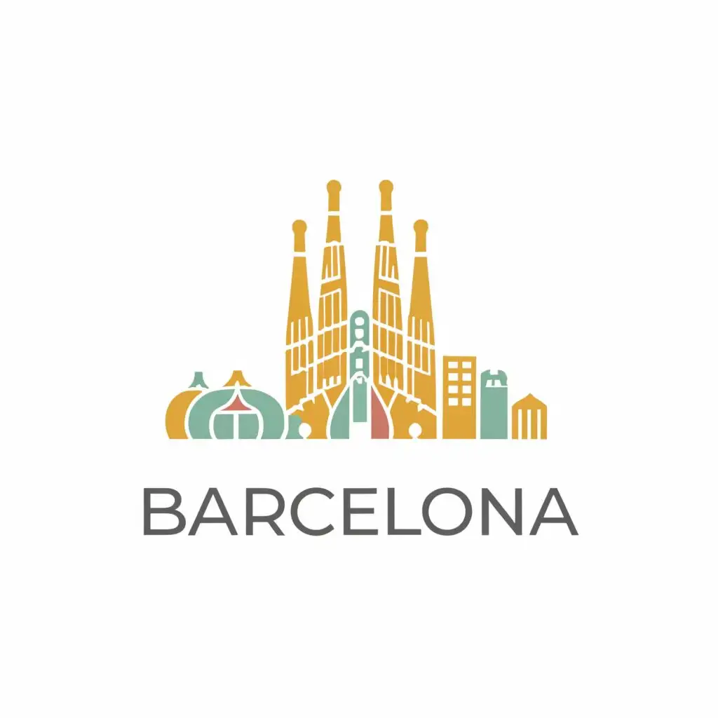 logo, a stylized outline of the skyline of Barcelona city with Sagrada Familia in the middle and also Torre Agbar, the W Hotel, gran casino barcelona and casa battlo, with the text "BarcelonaResidences.com", pure white background, with the text "BarcelonaResidences.com", typography, be used in Real Estate industry