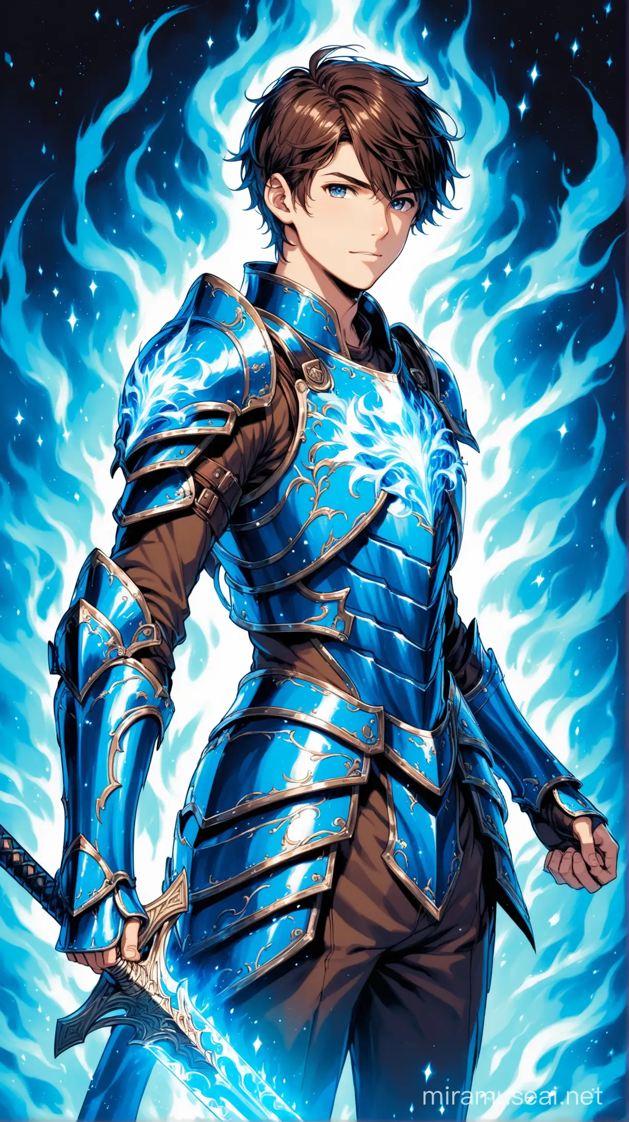 jeune homme d'une vingtaine d'année, cheveux brun court, avec une épée longue de feu bleu, dans une armure étincellante en métal a refelt bleu