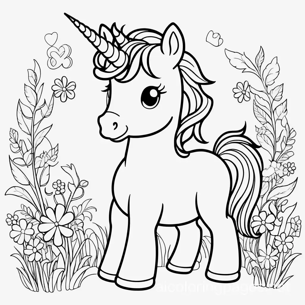 Full body simple cute baby enchanted meadow unicorn, Coloring Page, black and white, line art, white background, Simplicity, Ample White Space. The background of the coloring page is plain white to make it easy for young children to color within the lines. The outlines of all the subjects are easy to distinguish, making it simple for kids to color without too much difficulty