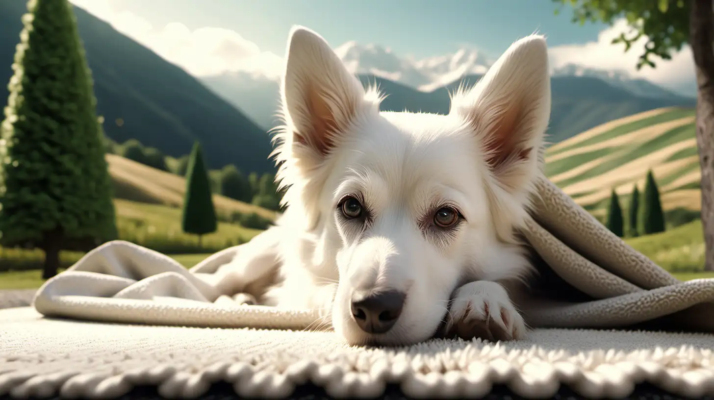 A cute wite dog laying under a carpet made from nature. The blanket is full of small trees, fields, gras and mountains. The background is a lovely and romantic landscape, realistic, lots of details, f8, uhd, cinematic style