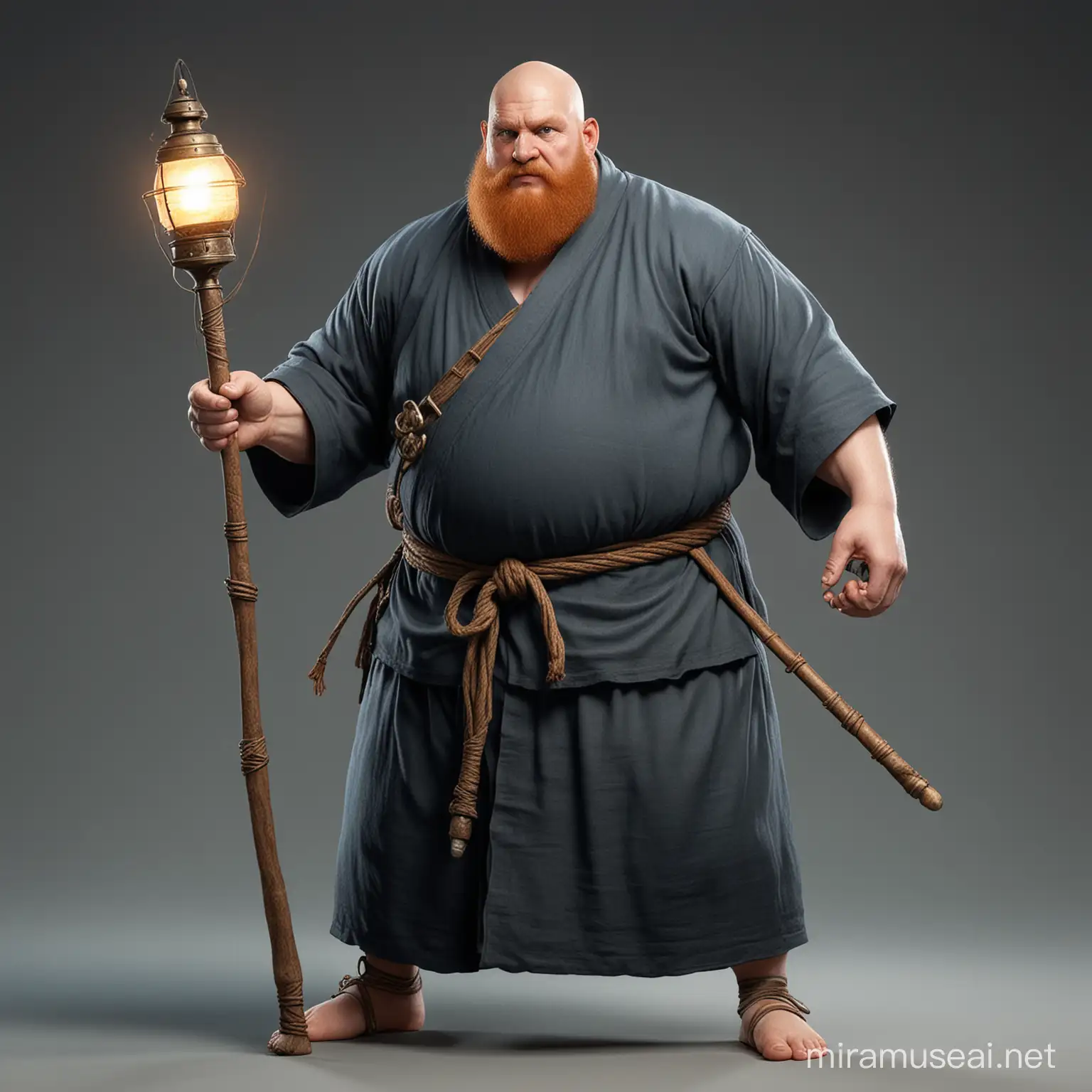 Monk, fighting stance, holding a quarterstaff, holding a lantern, very fat, obese, Bald, big ginger beard, dark Blue eyes, tall, male.
