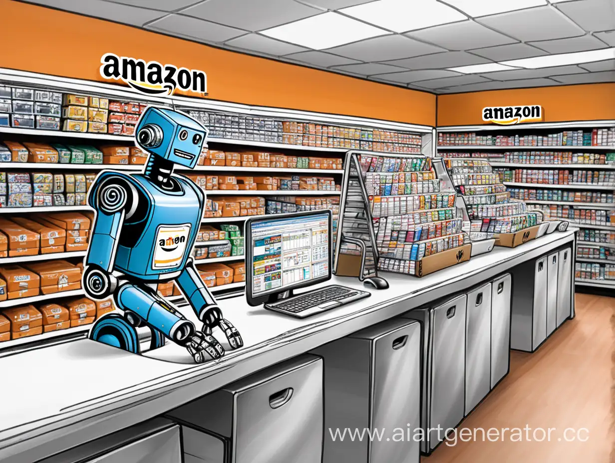 Нарисуй робота торгующего за прилавком с названием Amazon