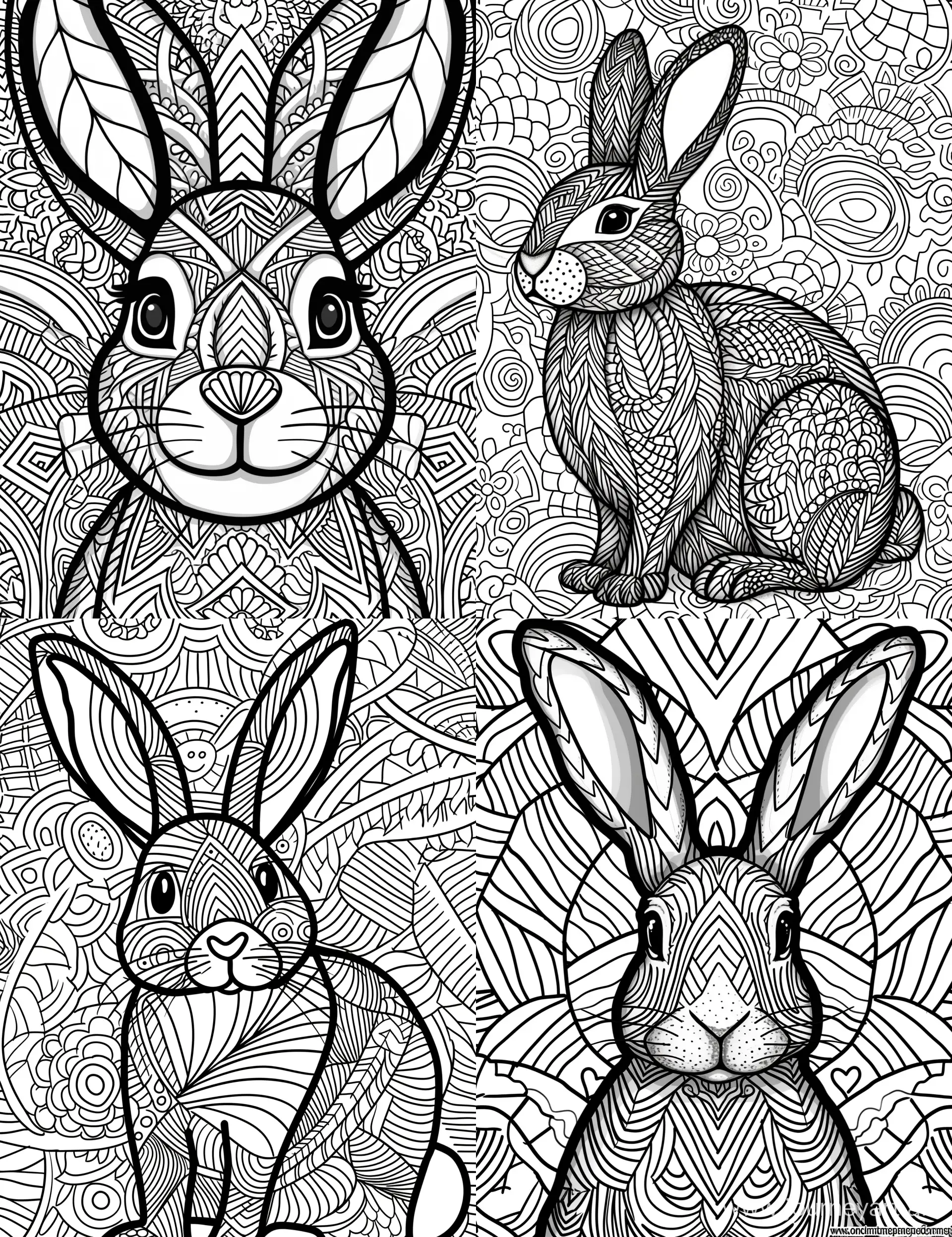 imagine prompt:coloring pages for adults, Easter bunny, in the style of Cartoon, Curvy lines, 70, Patterned background, Black and white, No Shading, --ar 85:110