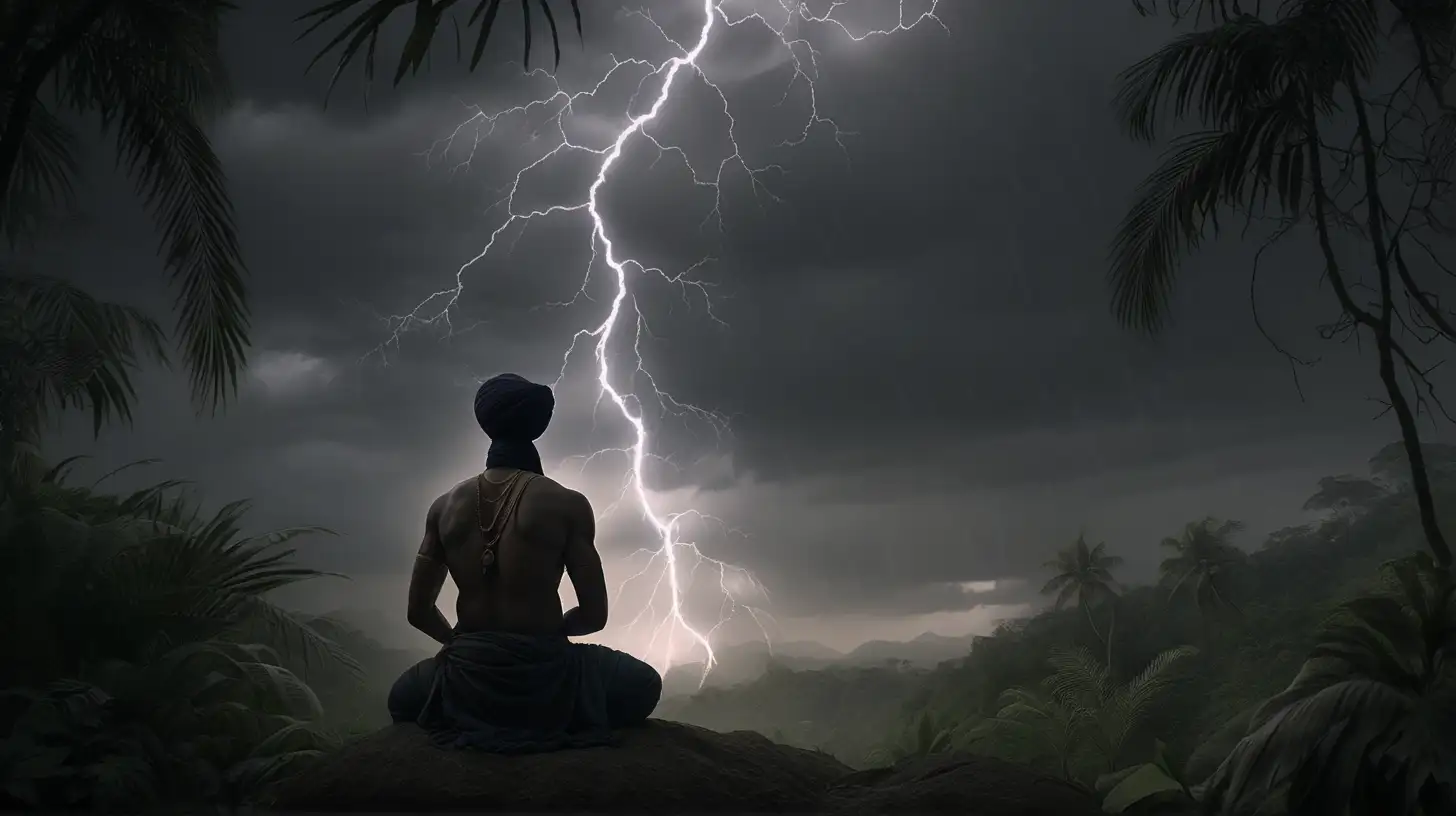Sikh man in the distance with his back to the camera on his knees, no skin showing, Dark, gloomy, lightning strikes in the background, harsh jungle, chiaroscuro enhancing the intricate details, in a digital Rendering “v6”