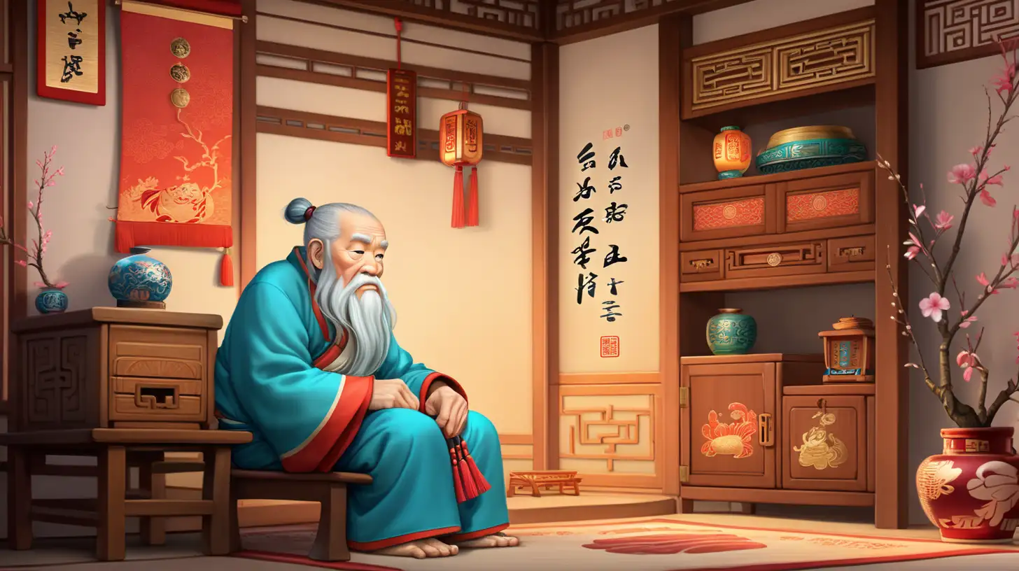 צור סבא סיני זקן בסין העתיקה יושב בחדרו עצוב  בסגנון CHIBI עם צבעים בוהקים  מודגשים 