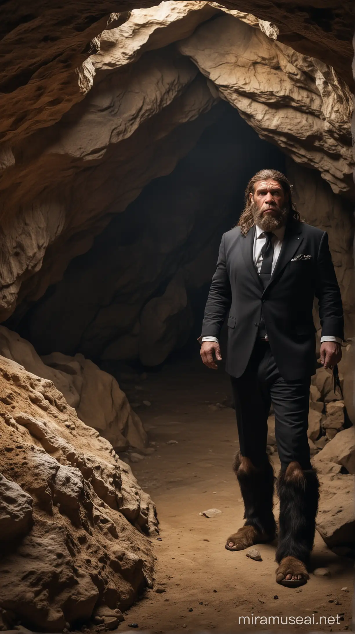 Neanderthal in Modern Suit Posing in a Cave Dwelling