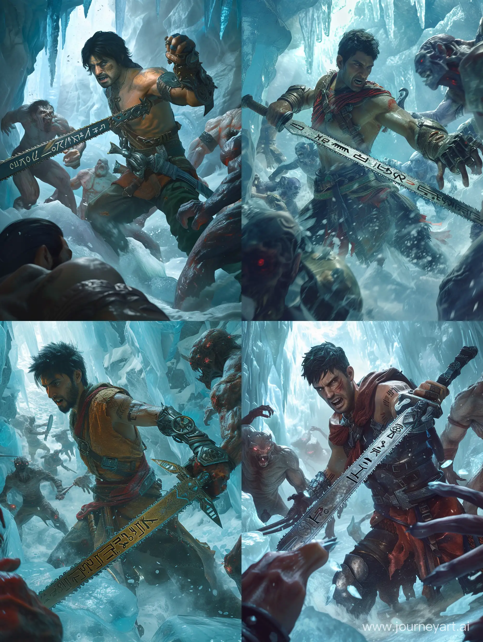 Persian-Warrior-Confronts-Ice-Creatures-with-Chainsaw-Sword-in-Steampunk-Ice-Cave