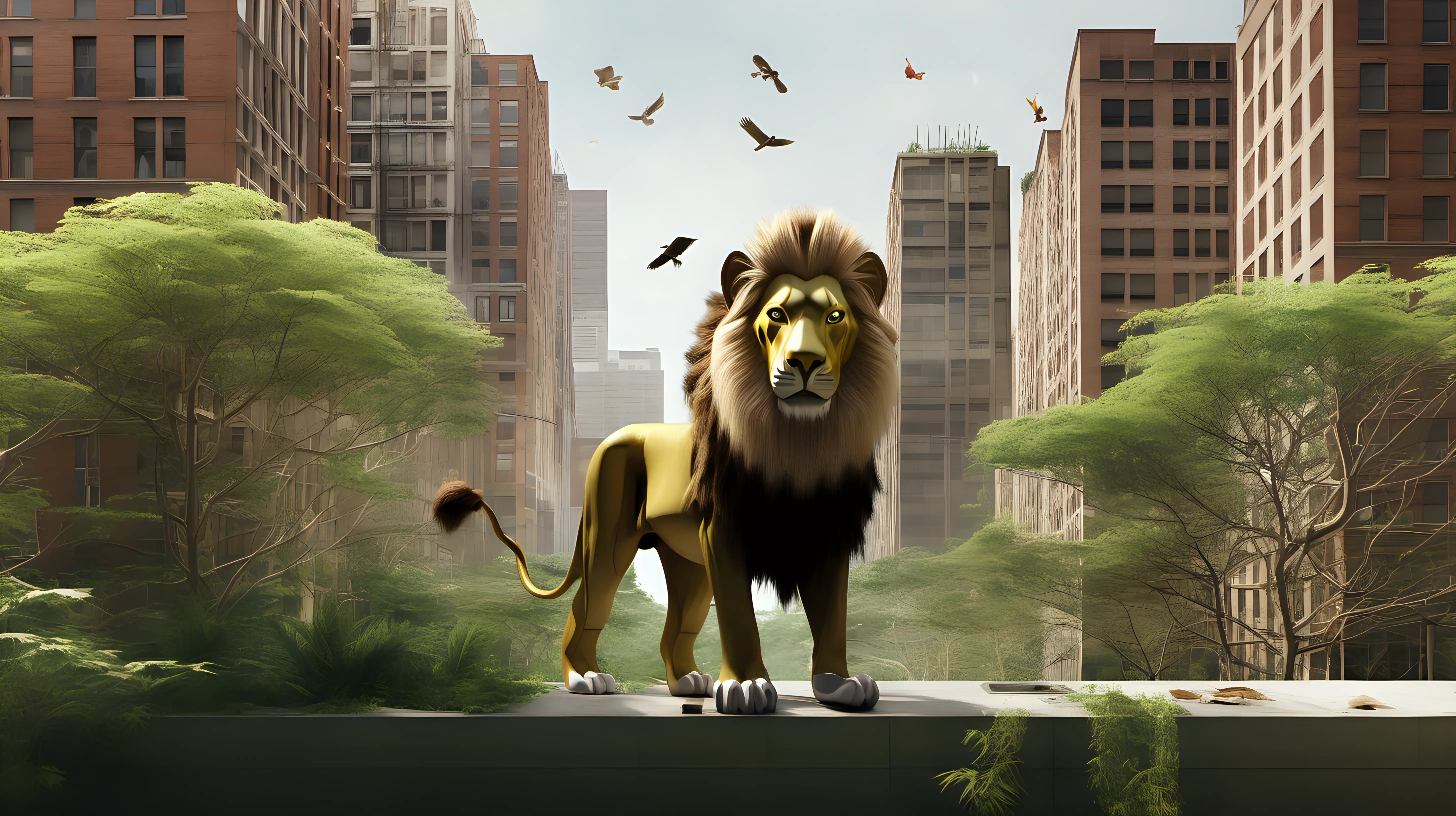"Craft a visual narrative of a lion navigating a cityscape reclaimed by nature, showcasing the resilience of wildlife and the potential for coexistence in urban environments."