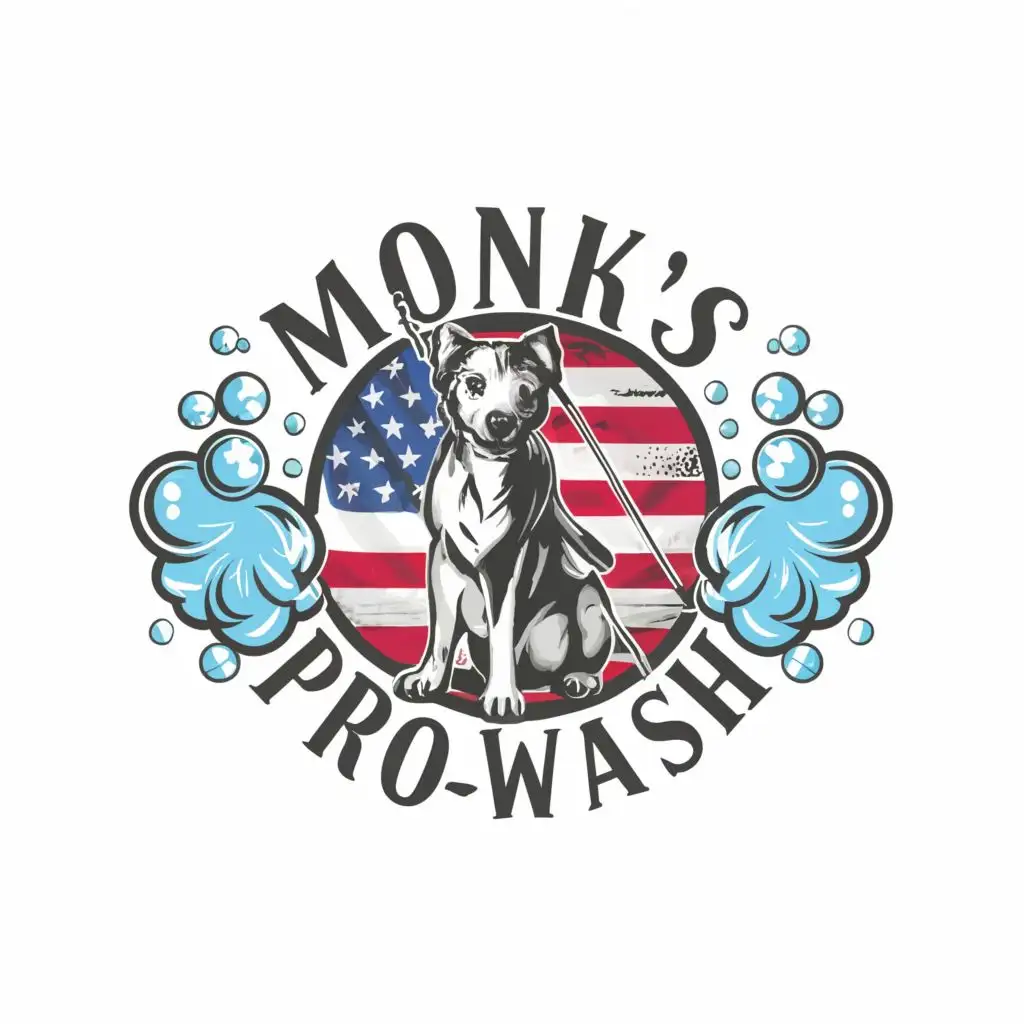 a logo design,with the text "Monk’s Pro-Wash", main symbol:American flag, pressure washing gun, bubbles, female black dog,Moderate,clear background