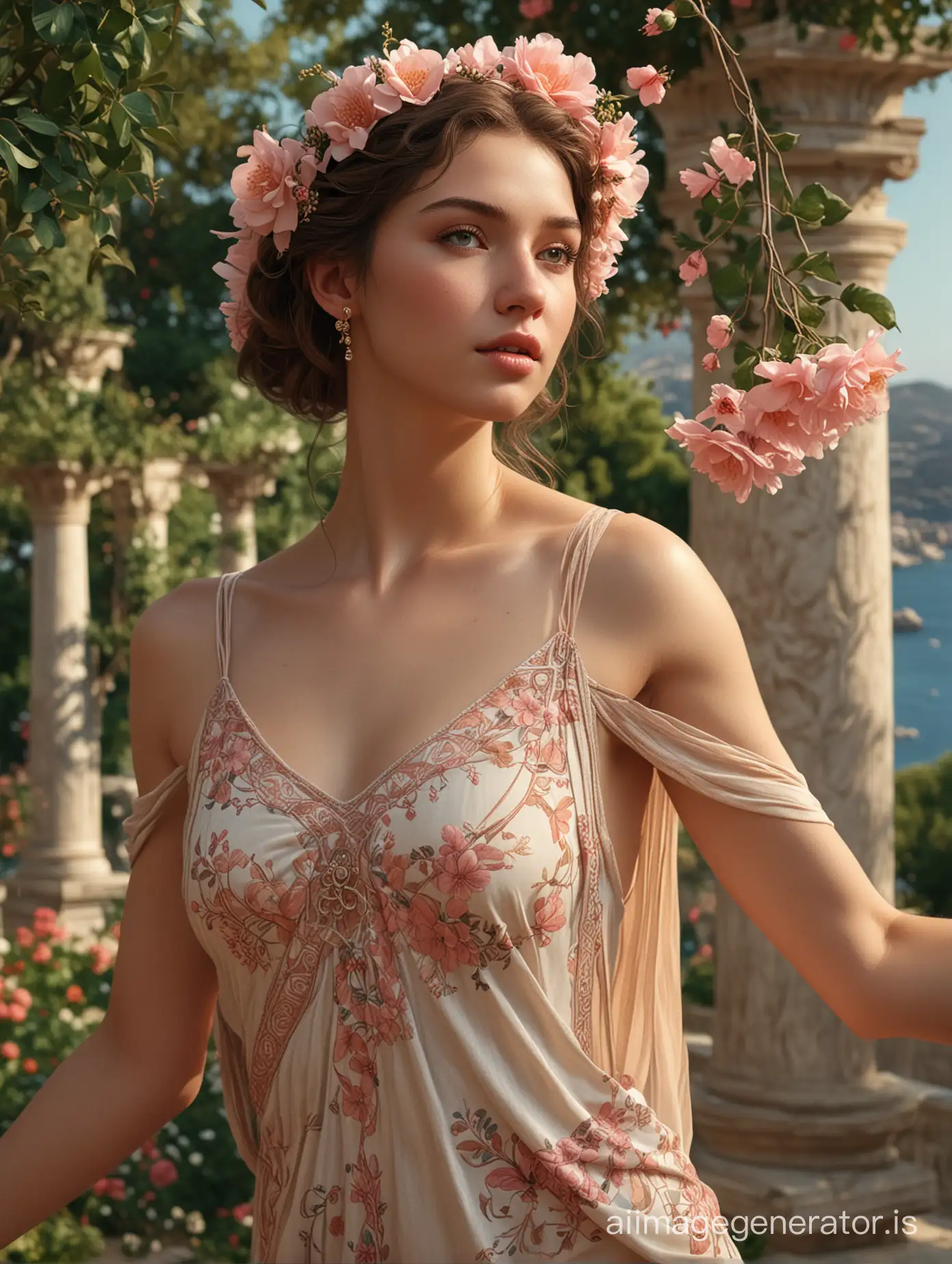 nude, 18 year old exceptional beauty, close-up Portrait of beautiful nude dancer in ancient Greek garden with opulent flowers, Aegean Sea in the background, dynamic dance pose, shy smile, sensual longing look, wearing rose shoulderless tunic, realistic, stunning realistic photograph, full lips, 3D render, Octane render, intricately detailed, cinematic, trending on ArtStation | Isometric | Centered hyper realistic cover photo awesome full color, hand drawn, dark, gritty, realistic style similar to Mucha, Klimt, Erte .12k, intricate. High definition, cinematic, Rough sketch, mix of bold dark lines and loose lines, bold lines, on paper