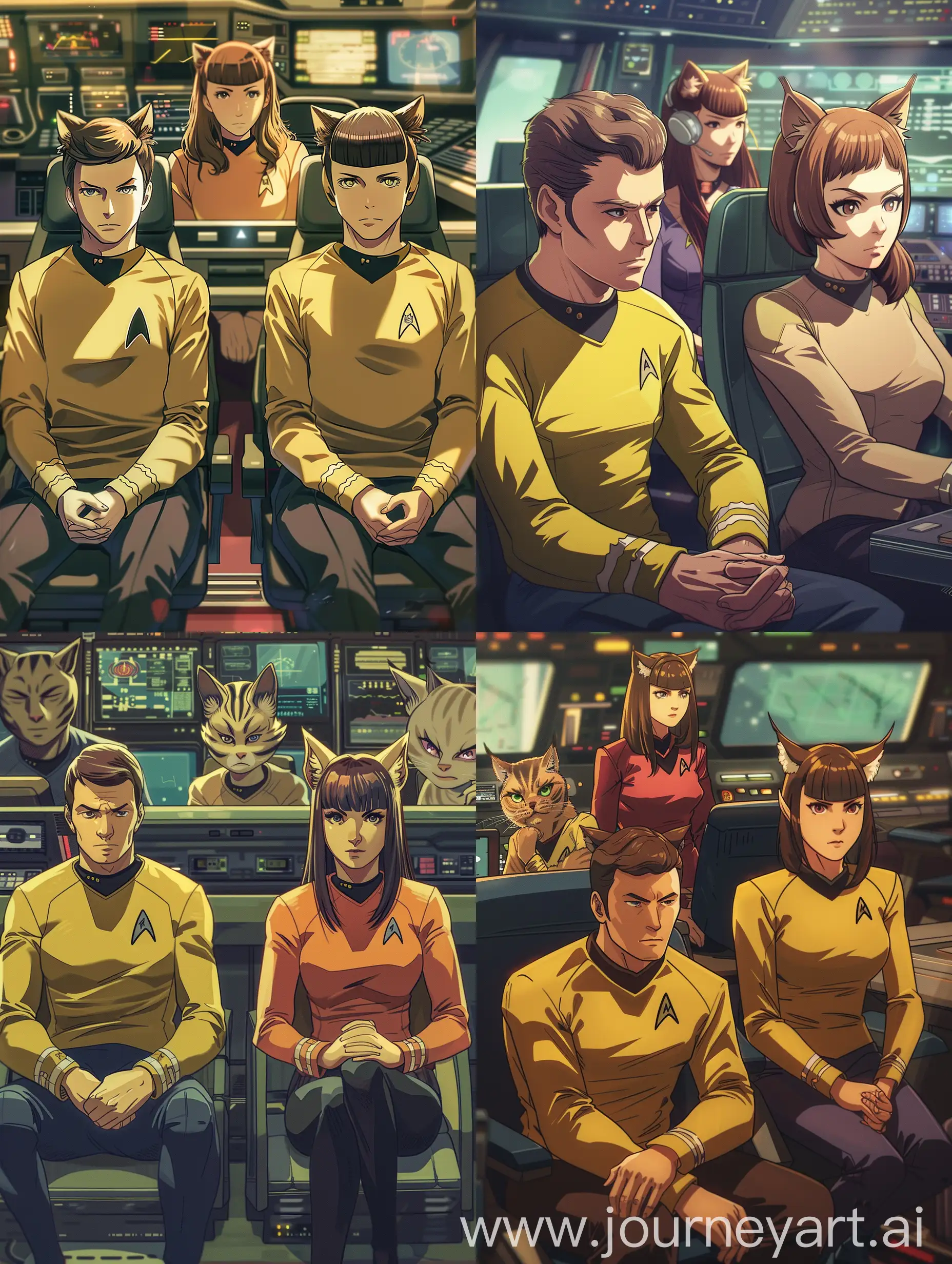 The crew of the original USS Enterprise; Captain Kirk, Mr. Spock, and McCoy, sitting in the bridge. All three of them are younger, anime-styled, with cat ears.  They have serious looks on their faces. Behind them a catgirl Uhura is working the comms looking nervous. 