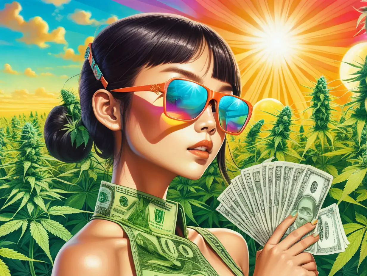 -A Sexy Exotic Chinese Female wearing sunglasses in a field of cannabis, with money and psychedelic rich colors, futuristic look, bright sun colors

