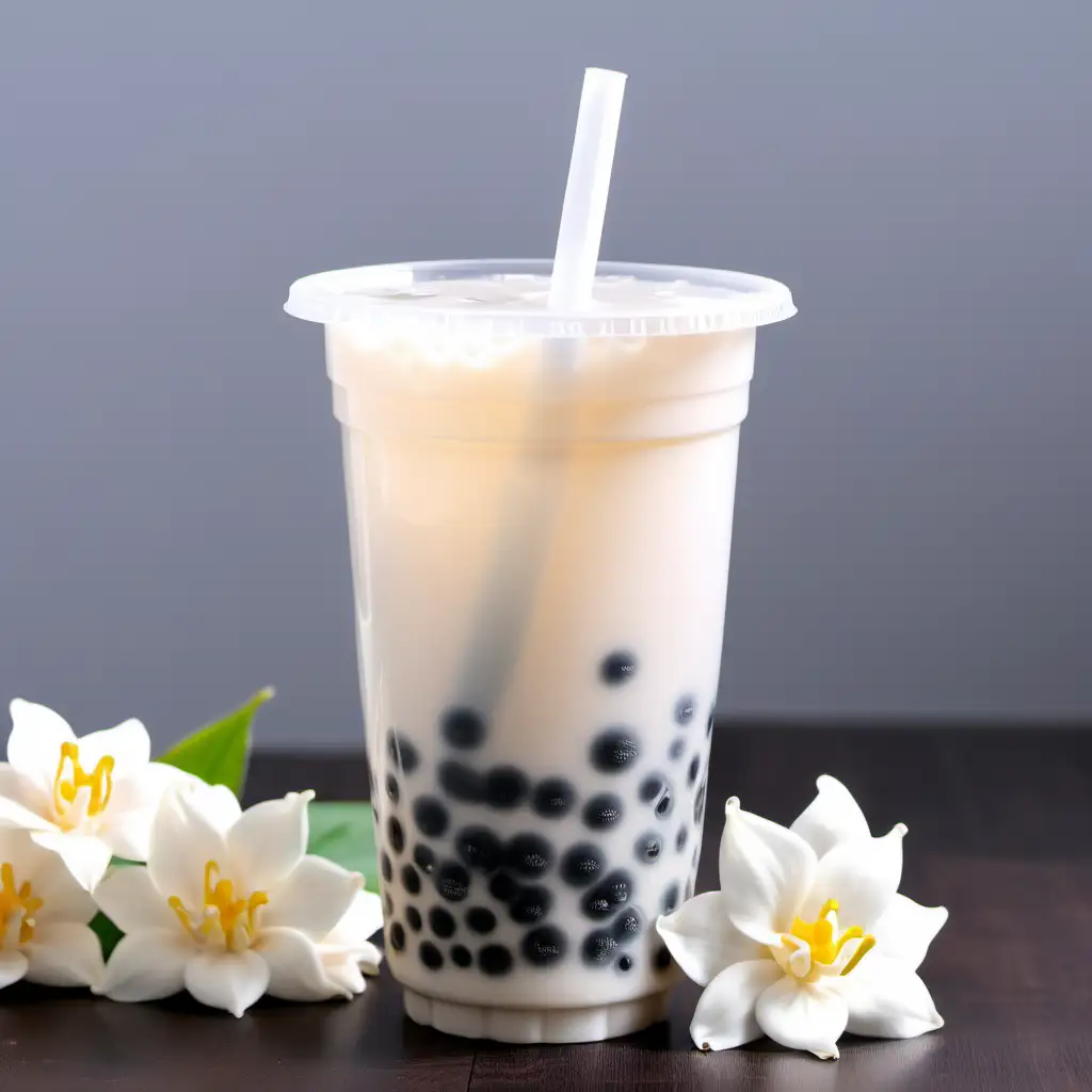 Delicious White Bubble Tea with Elegant Vanilla Flower on Table