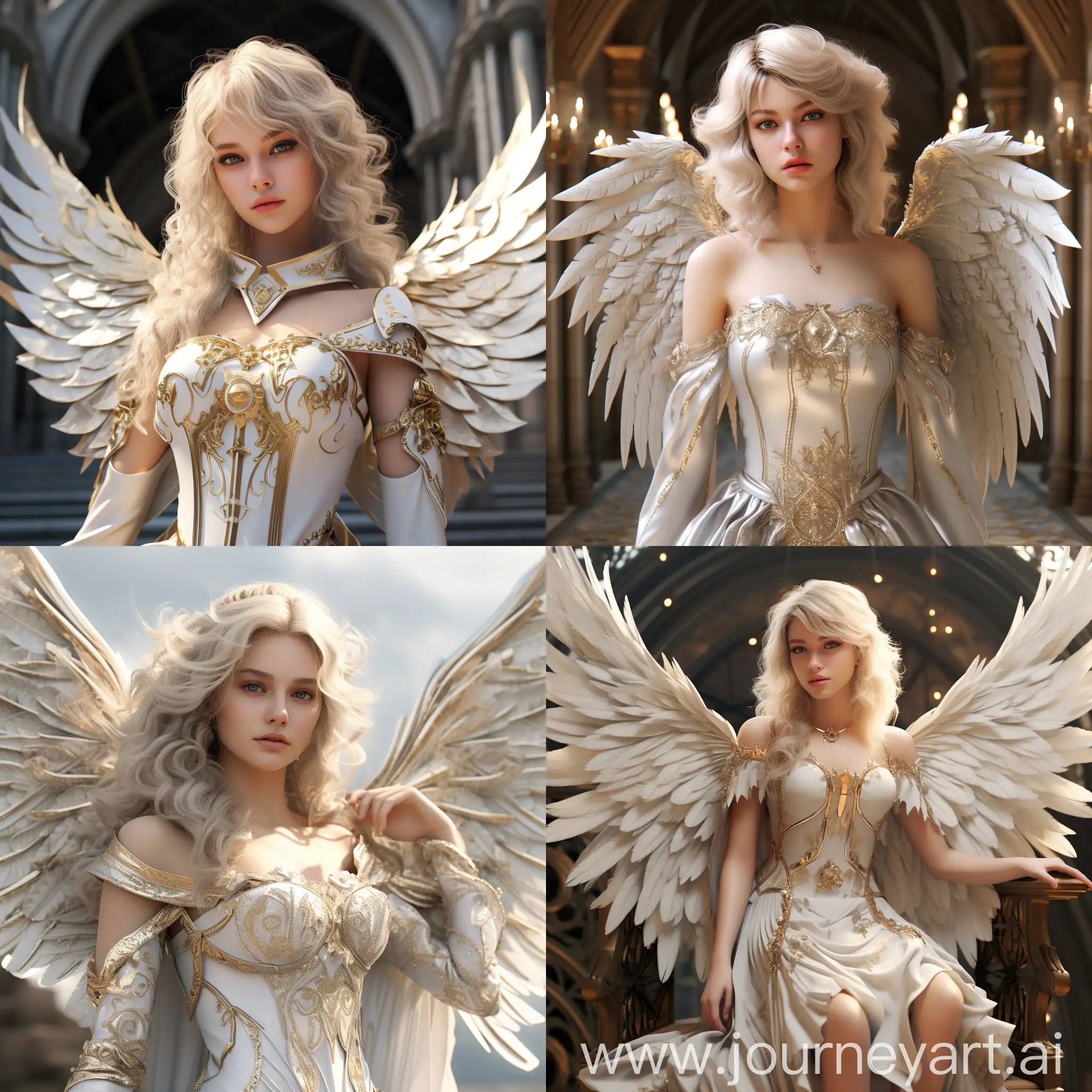 Cinderella, Kingdom Hearts style, detailed realistic antique aesthetic, white angel costume, gold accents, majestic Disney castle background, photorealism, Unreal Engine 5 rendering, signature blonde hair, classic Disney features --v 5.2 --style raw --s 250