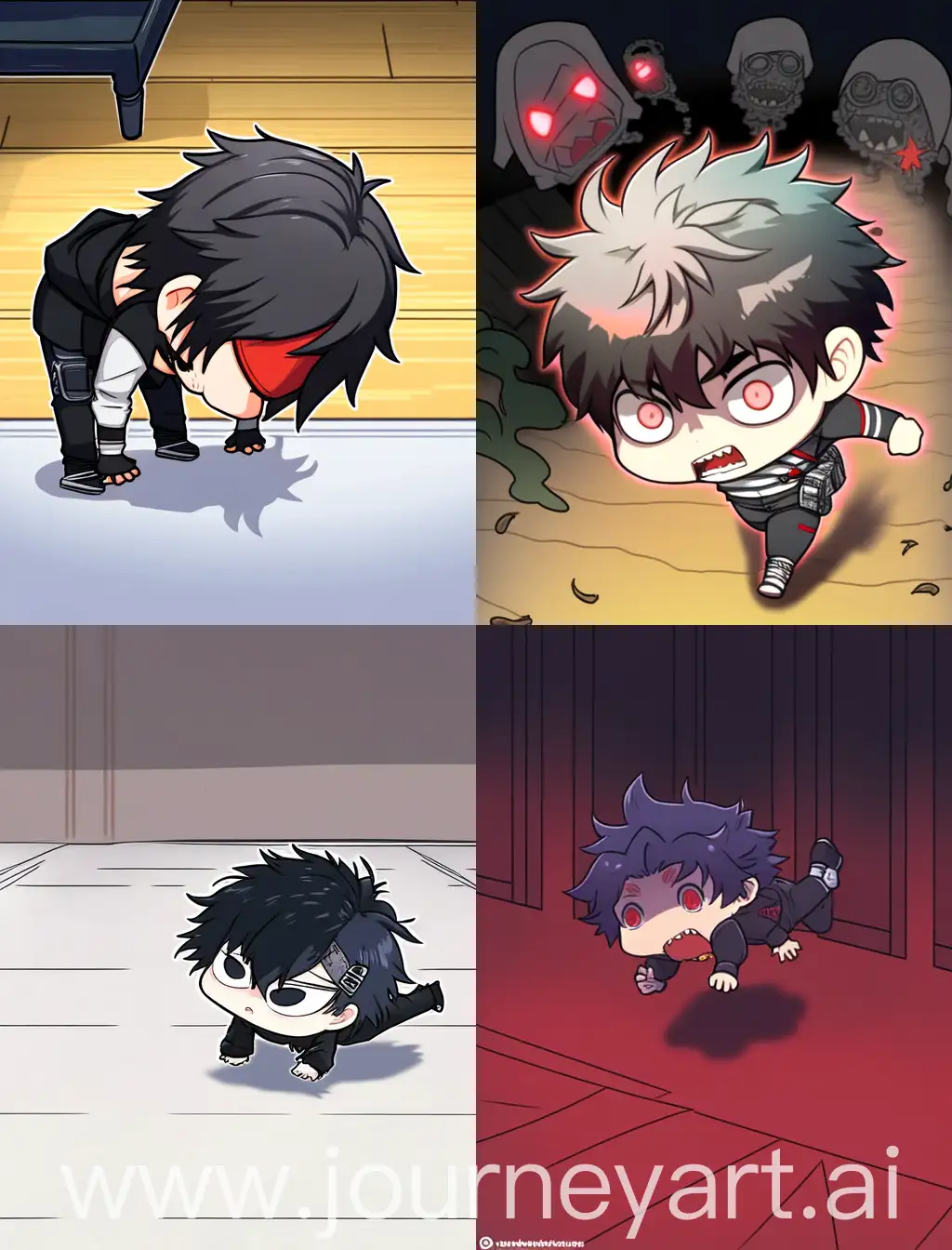 chibi anime emo guy doing push up, with spooky background