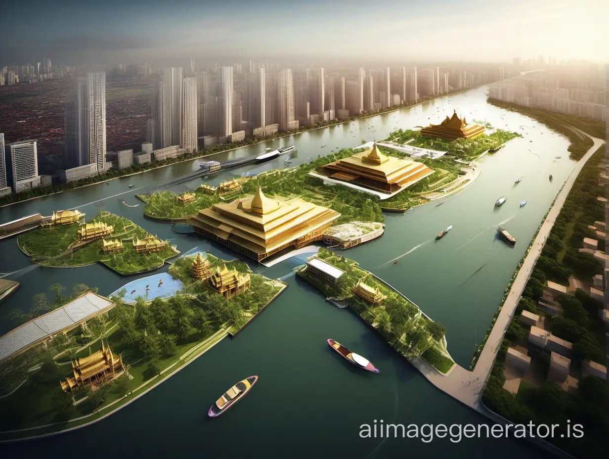  「2030年に完成すると仮定した世界最大の運河であるタイ運河のイメージ画像を作成してください。運河は広大な水域を有し、現代的な船舶や貨物輸送のための先進的なインフラストラクチャーを備えています。周囲にはタイ文化を象徴するような黄金の寺院が建設され、伝統的寺院や王宮、緑地帯が広がり、居住空間の多くは地下に作られ、持続可能性を重視したデザインが取り入れられています。運河沿いには公共の散策エリアや公園が整備され、水際にはカフェやレジャースポットが点在しています。緑豊かな景観や美しい夜景が楽しめ、先進的で活気ある未来の都市景観が広がっています。」