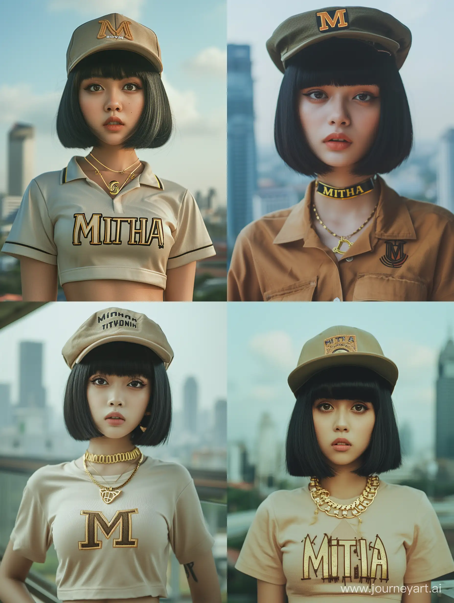 create a realistic photo of a fully body pose women, has a "Mitha" letter on her short shirt, has "M" letter golden necklace , black bob cut hair and brown eyes, cap hat, Jakarta city background, a little smile on her face, award-winning photography, film grain, Portrait, captured by Sony mirrorless camera, DSLR, noon time