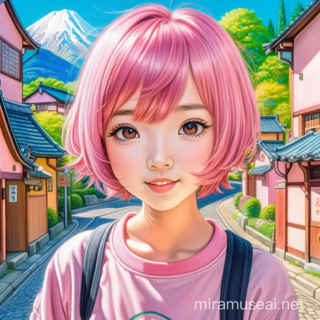 Visualize drawing of one cute Asian young adult, pink healthy short hair, wearing anime inspired outfits, perfect body, she has refreshing innocent visual, she opens her mouth, she is an ESFP so make sure able to express her happy and peaceful attitude. The background is Japanese ghibli village street, Landscape. Best quality. Painting. High definition looks like created by Van Gogh.