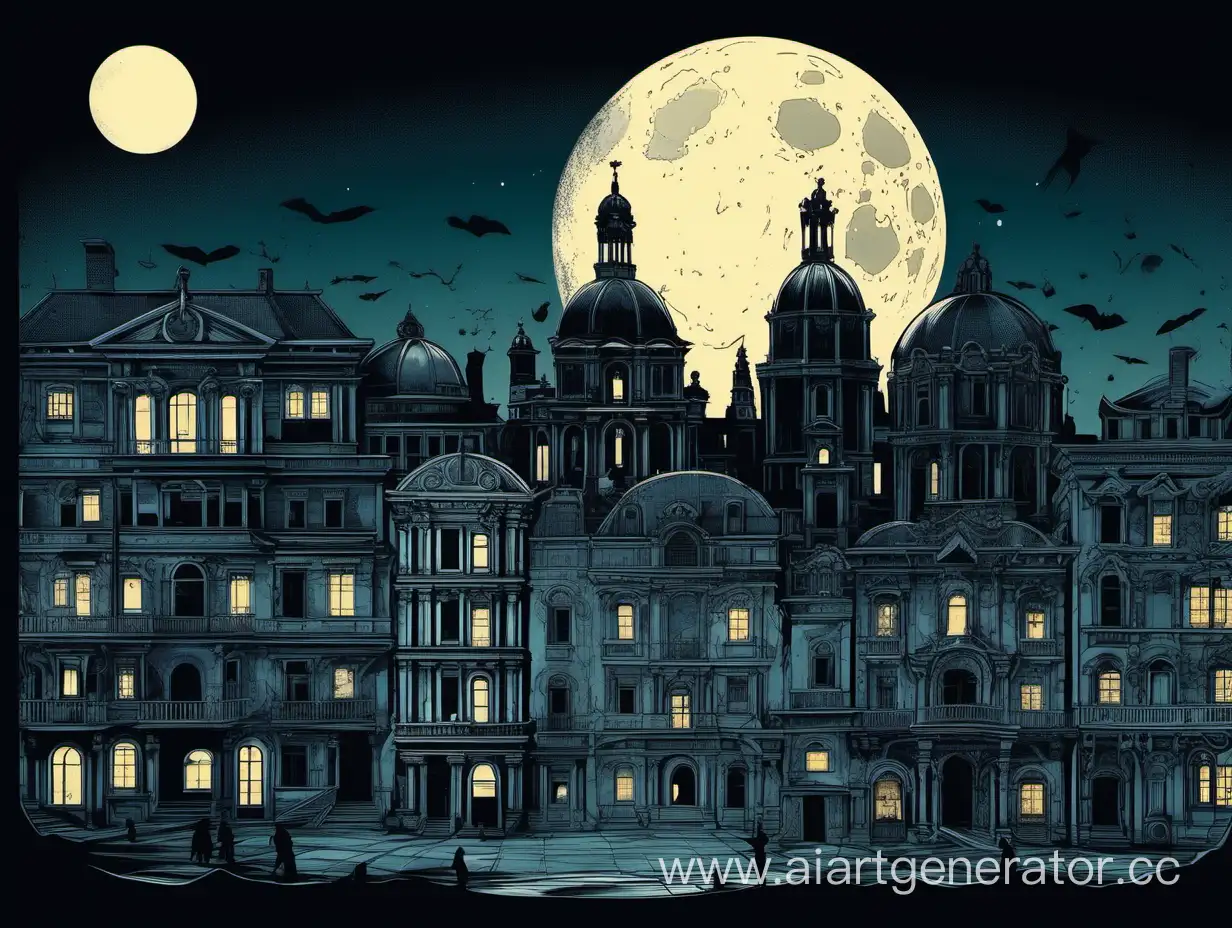 Силуэты зданий эпохи барокко и раннего ренессанса, на фоне небо и большая луна, холодные, тёмные тона, смесь стилистики комикса и арт-дэко