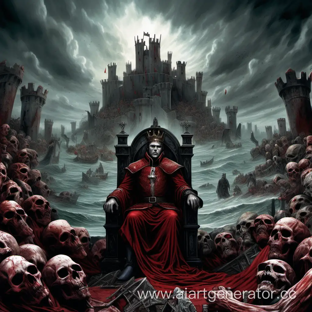 Monarch-Amidst-Desolation-Ruler-on-Throne-Amid-Ruined-Castle-and-Red-Sky